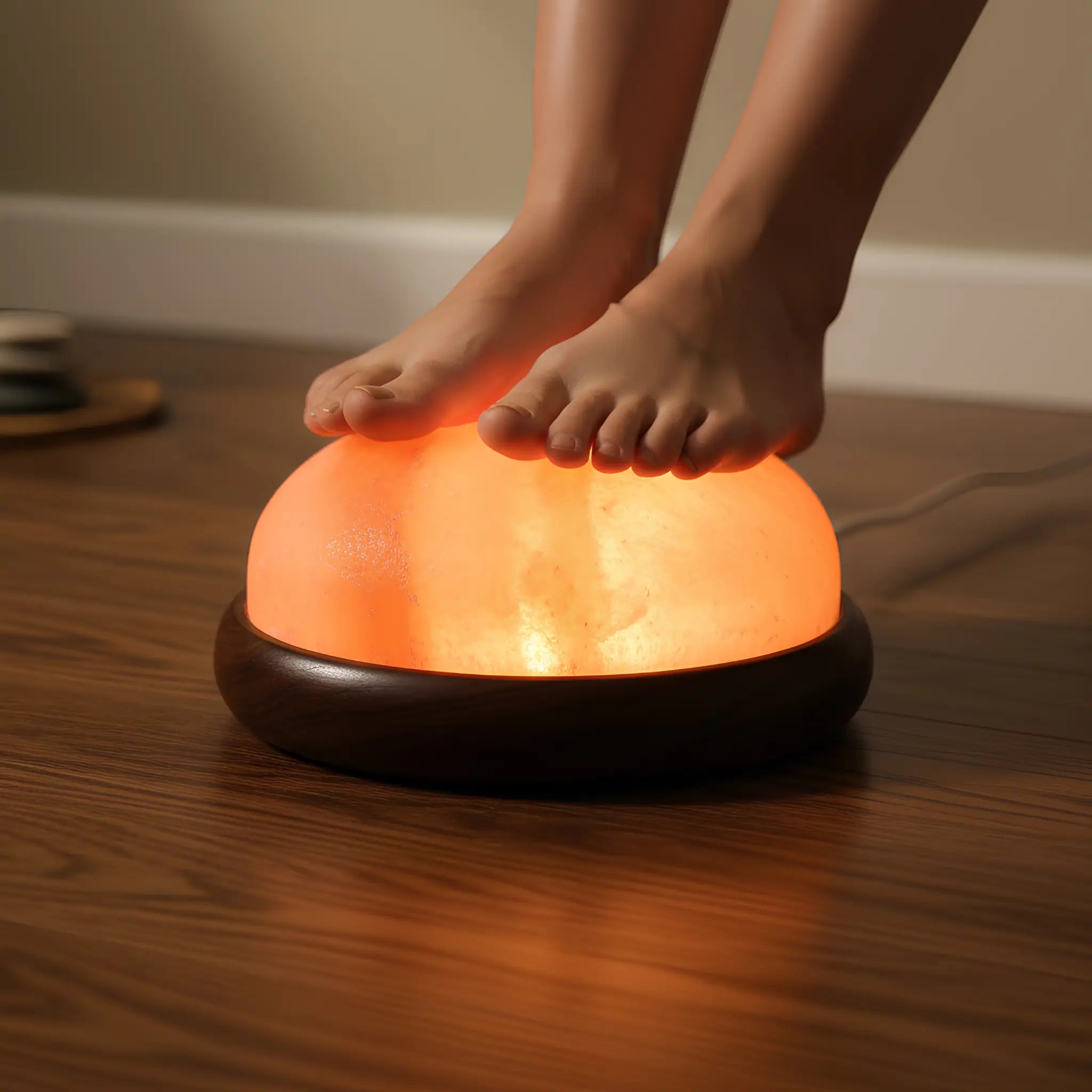 Himalayan Foot Detox Pad Salt Lamp 3-5kg | Heated Foot Therapy Person standing on a glowing orange foot massager on a wooden floor.