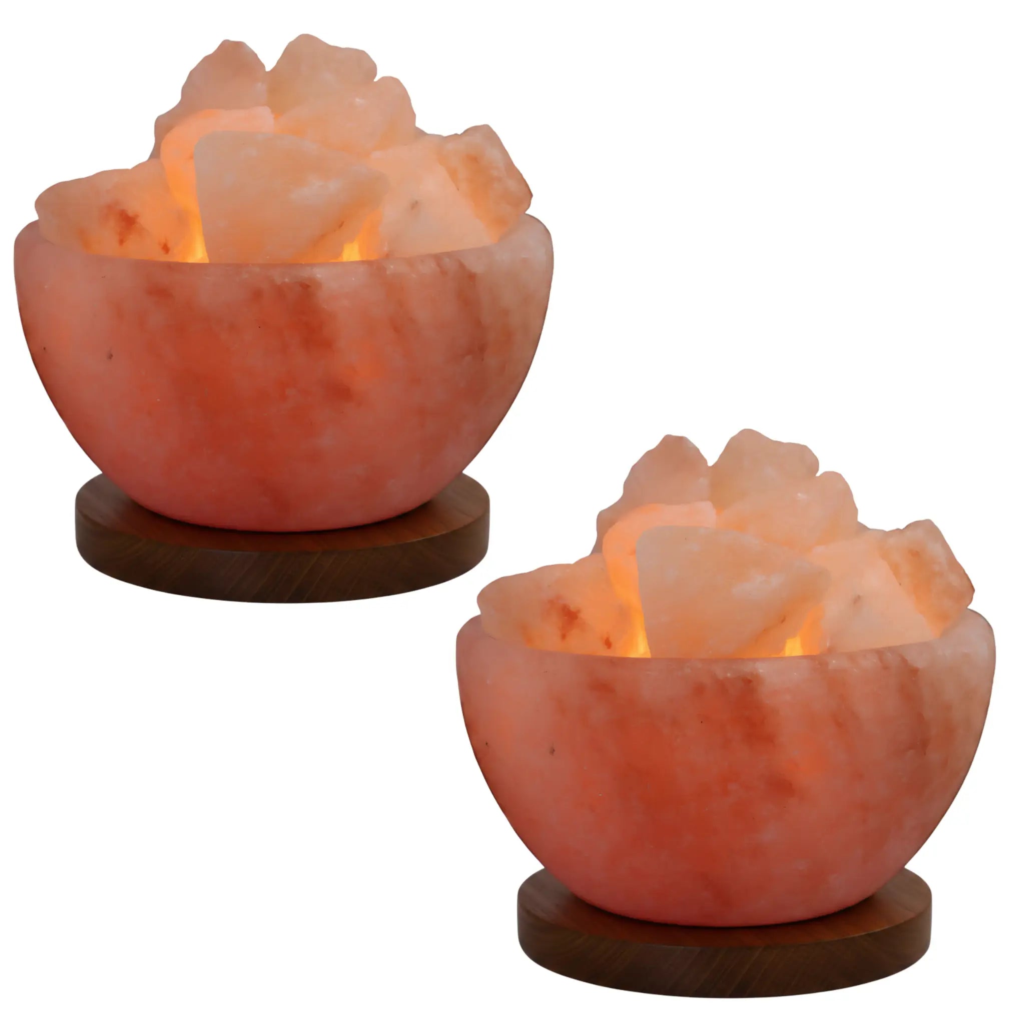 Two illuminated Firebowl Himalayan salt lamps on a white background