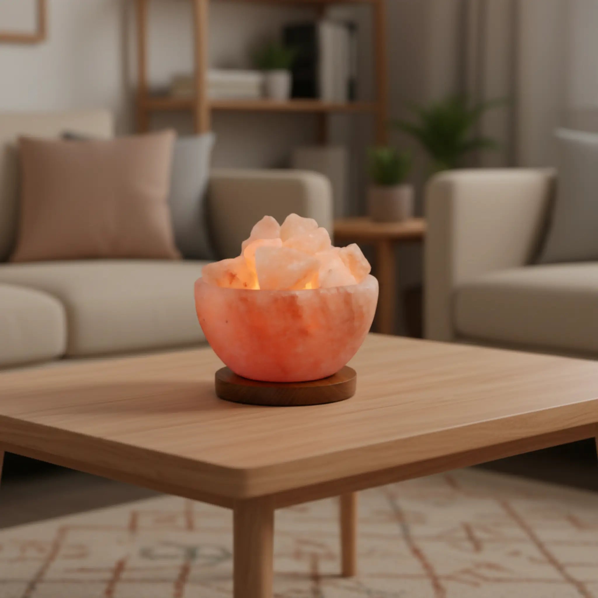 Fire Bowl Himalayan salt lamp on a wooden table in a living room setting