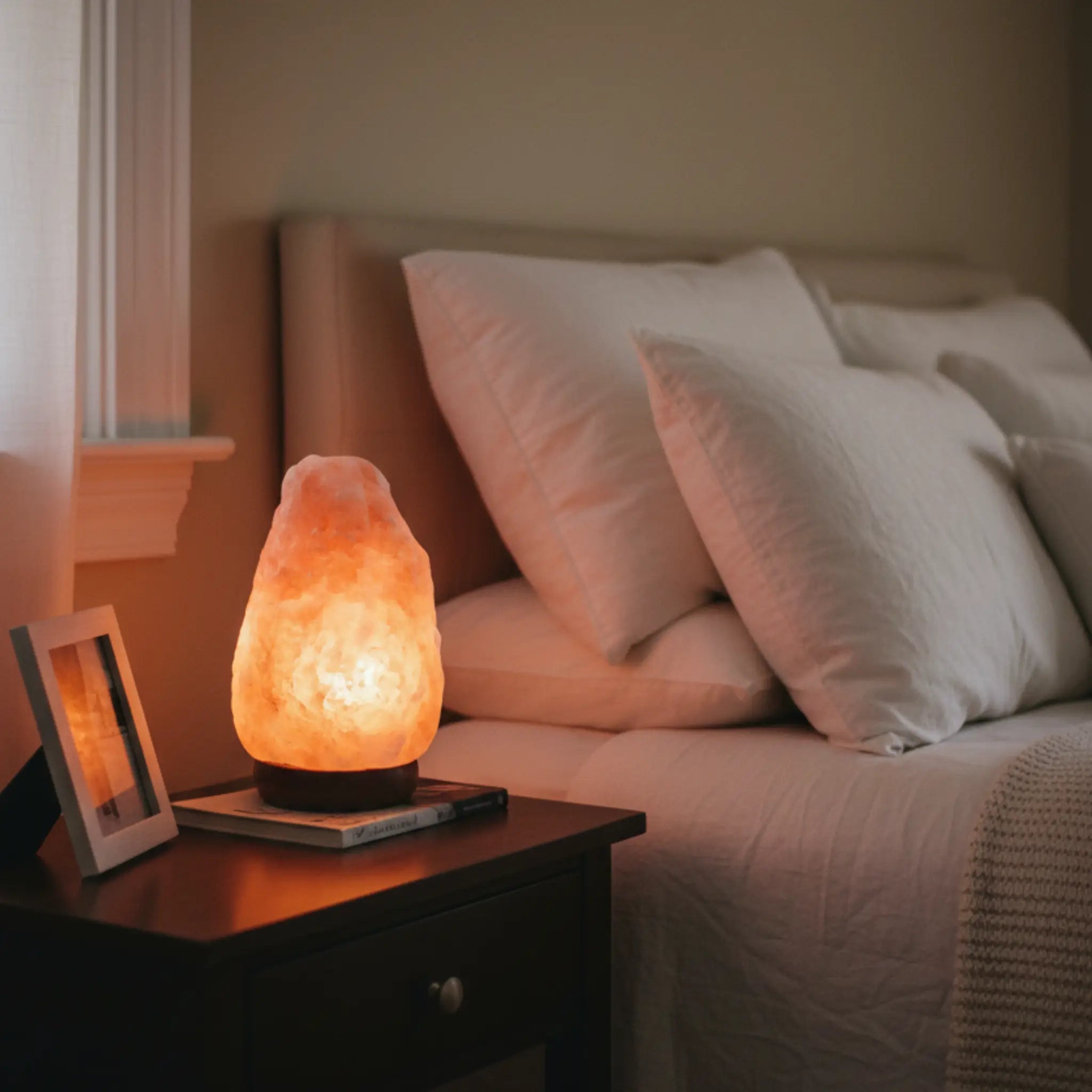 2-3KG Himalayan salt lamp on a bedside table next to a bed with pillows