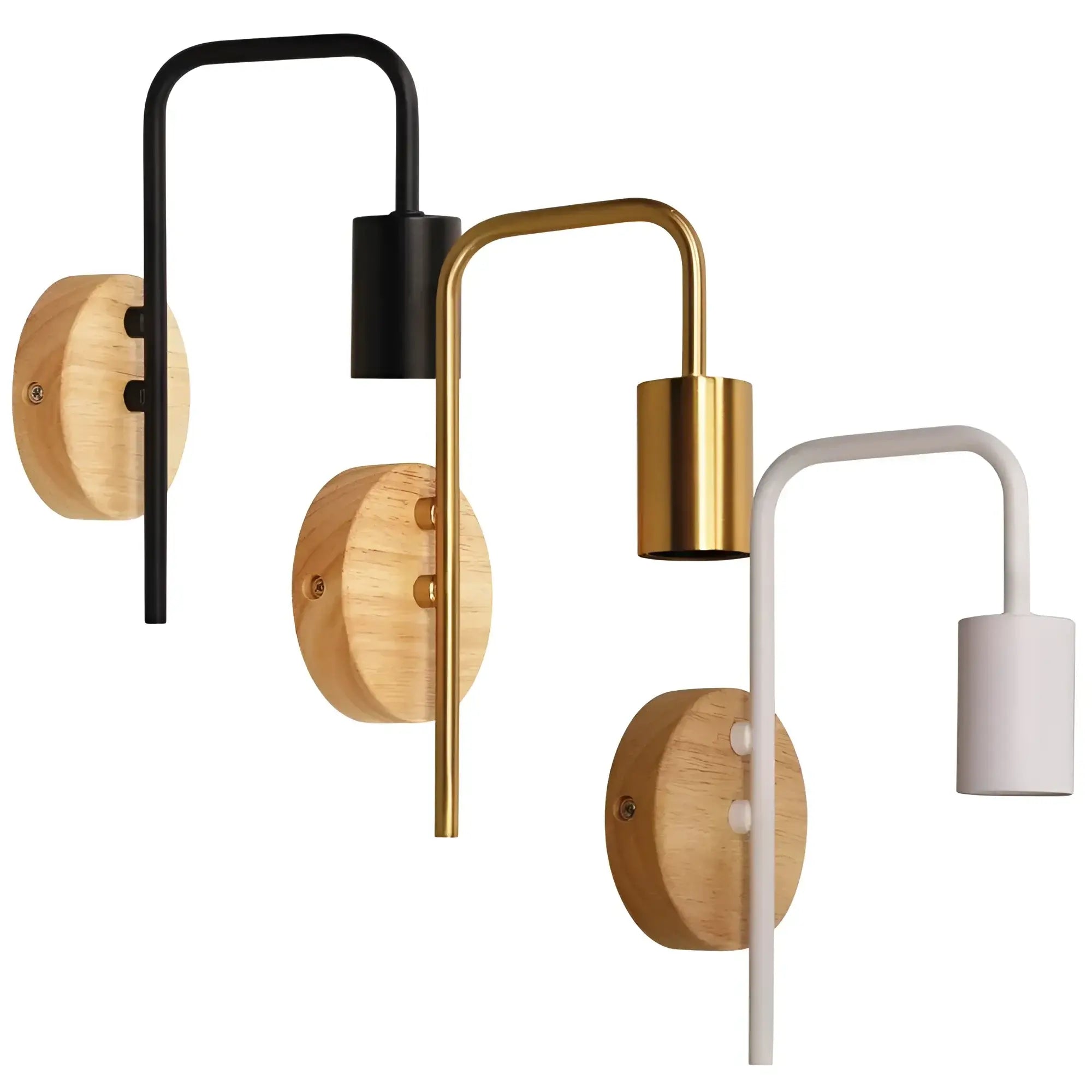 Lane wall light white with curved metal arm on modern timber sconce
