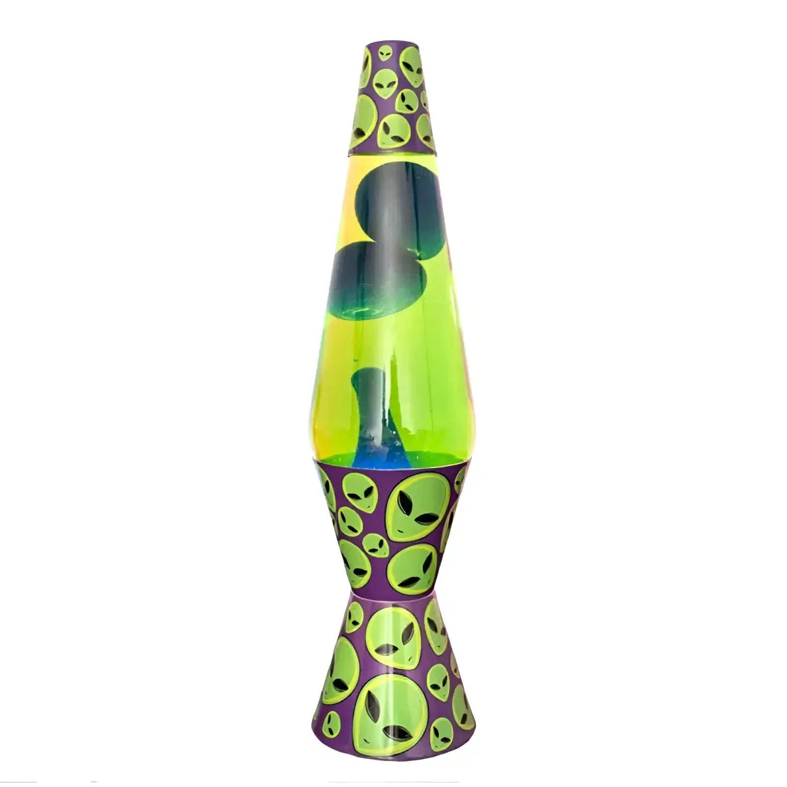 Alien diamond motion lava lamp with purple base and cap patterned with green alien heads 37cm diamond motion model