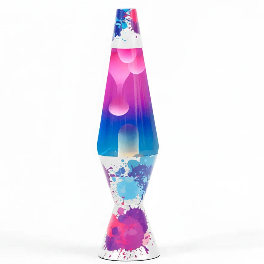 A lava lamp diamond motion colour burst 37cm tall with blue pink purple gradient liquid and colorful paint splatter base