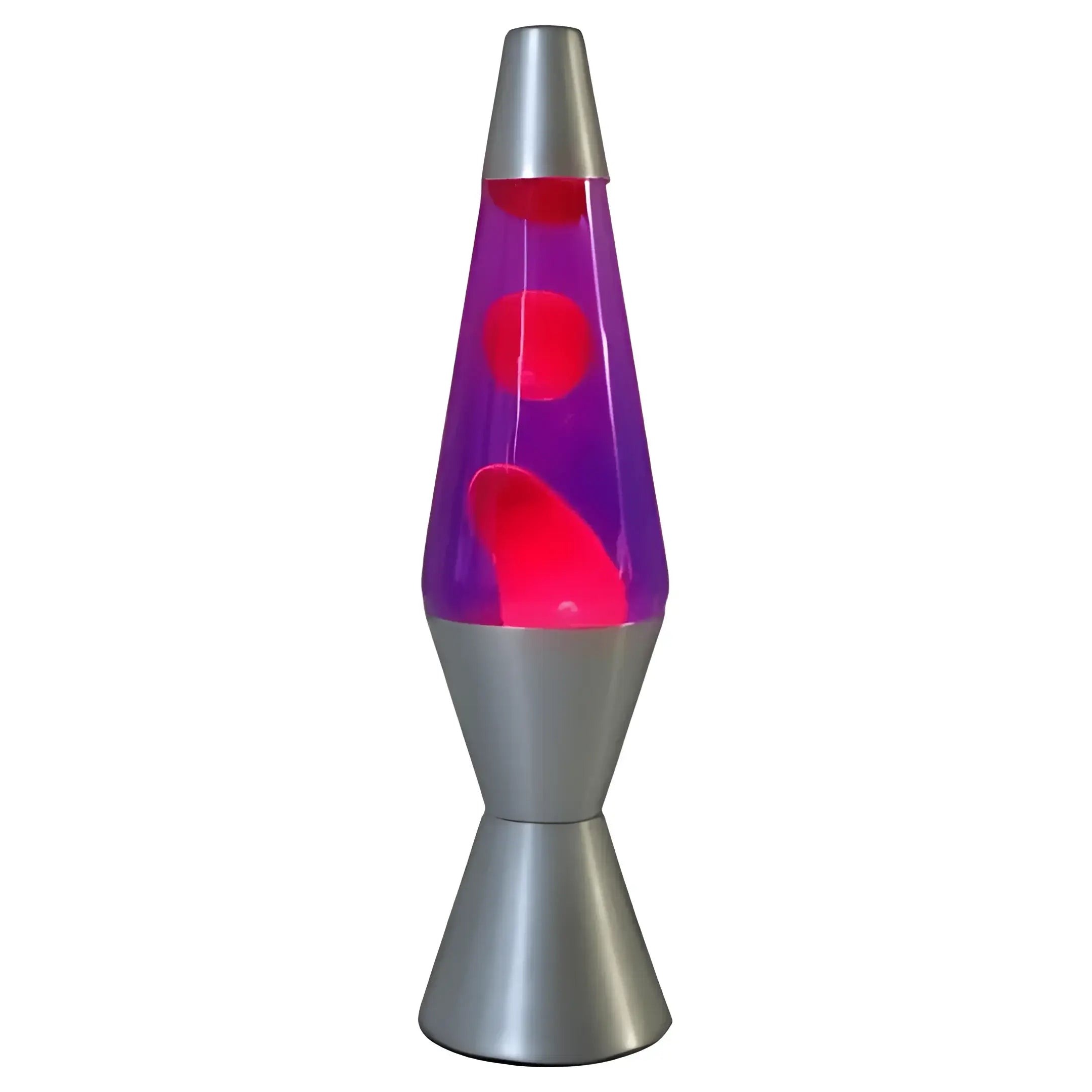 Purple red diamond motion lava lamp featuring silver base with purple liquid and red wax in a colourful lava lamp design
