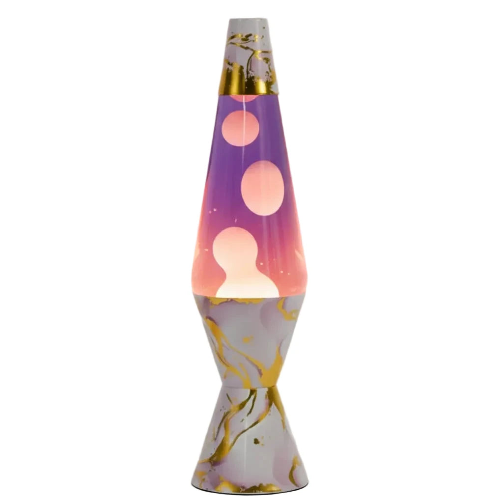 Purple and white diamond motion lava lamp with gold accents featuring a pink marble lava lamp finish, 37cm tall