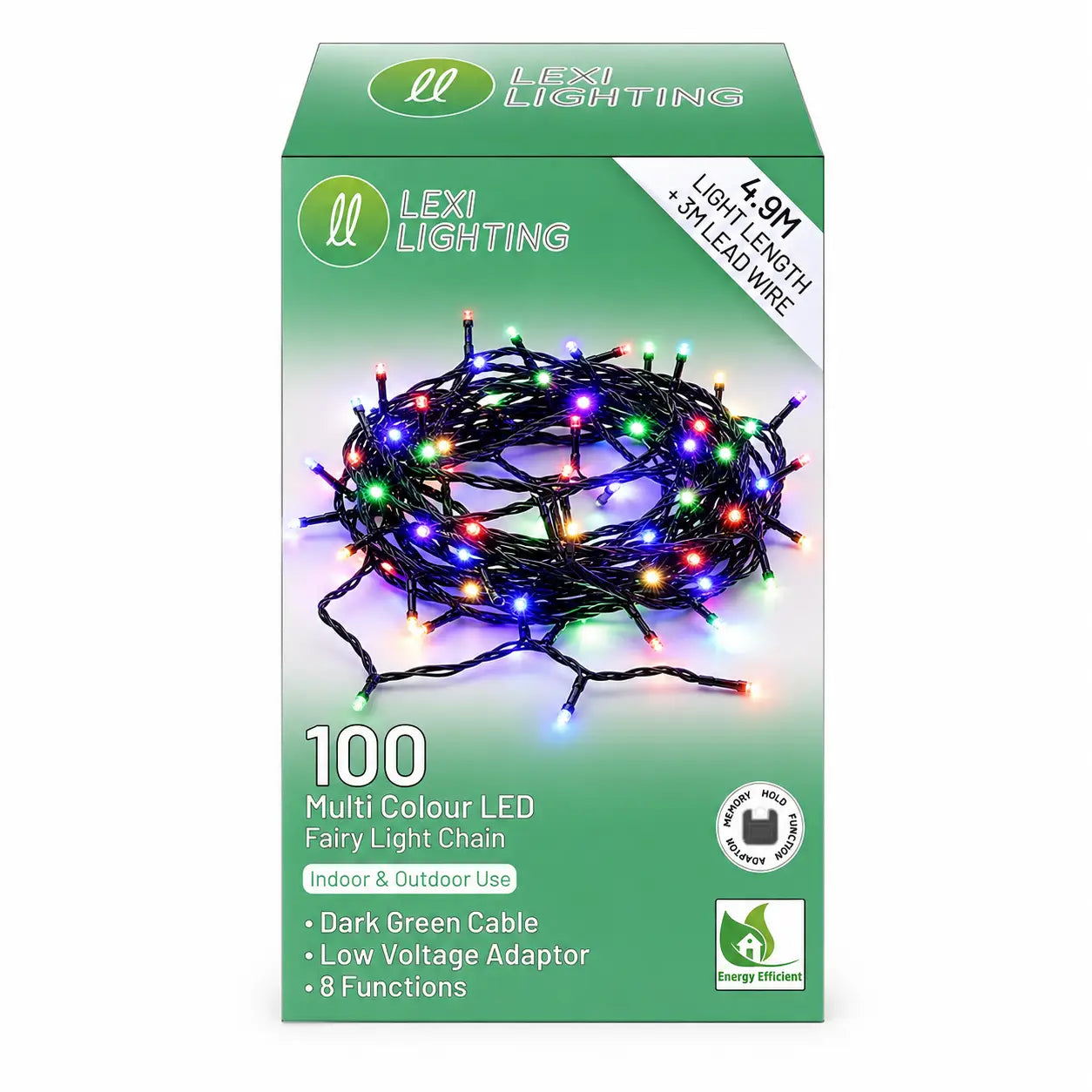 Lexi Lighting 100-meter multi-color LED fairy light chain in its green retail packaging box, showing a coiled string of colorful lights on a white background.