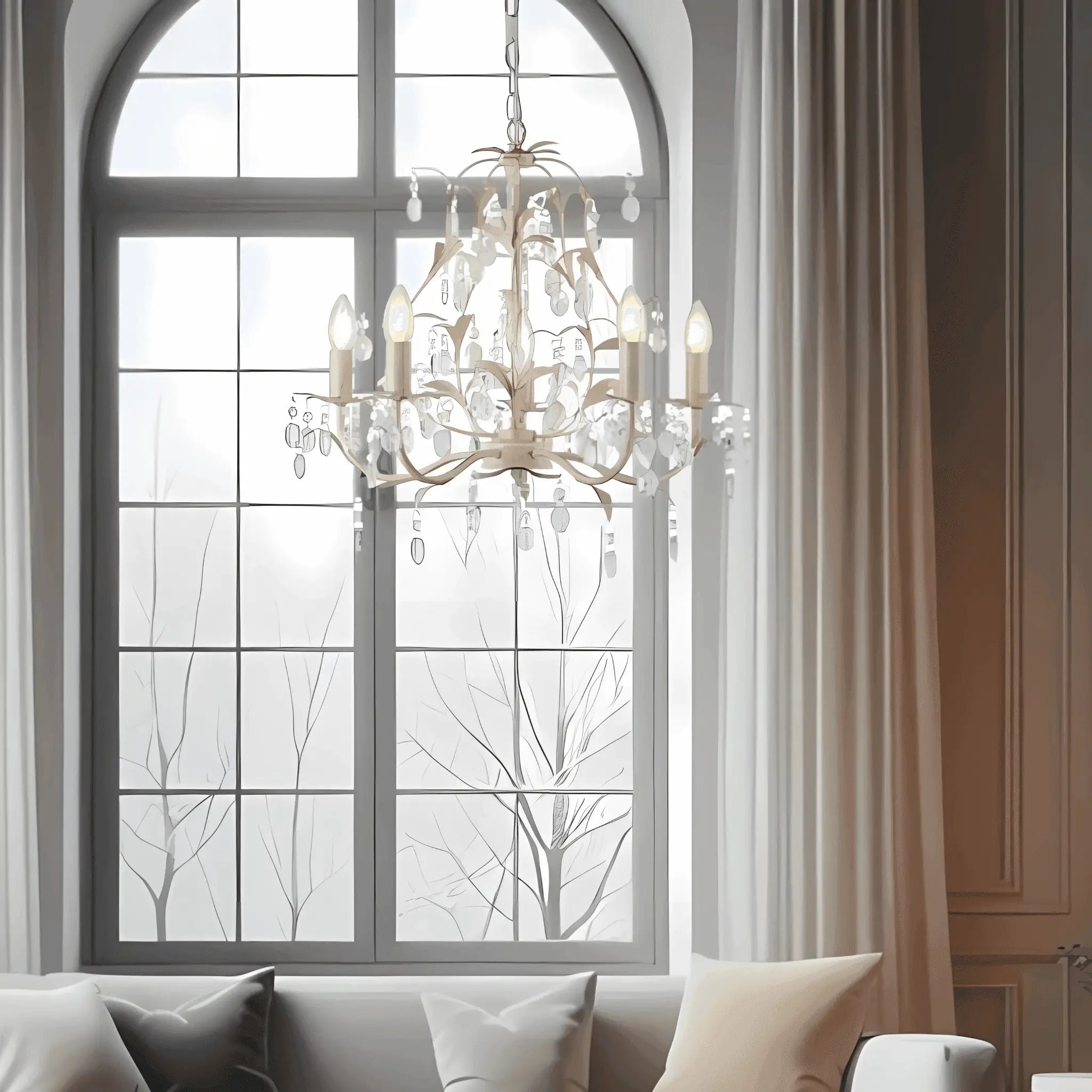 Cream-colored stella 5 light crystal pendant light with multiple arms and hanging crystals ivory and brushed gold chandelier