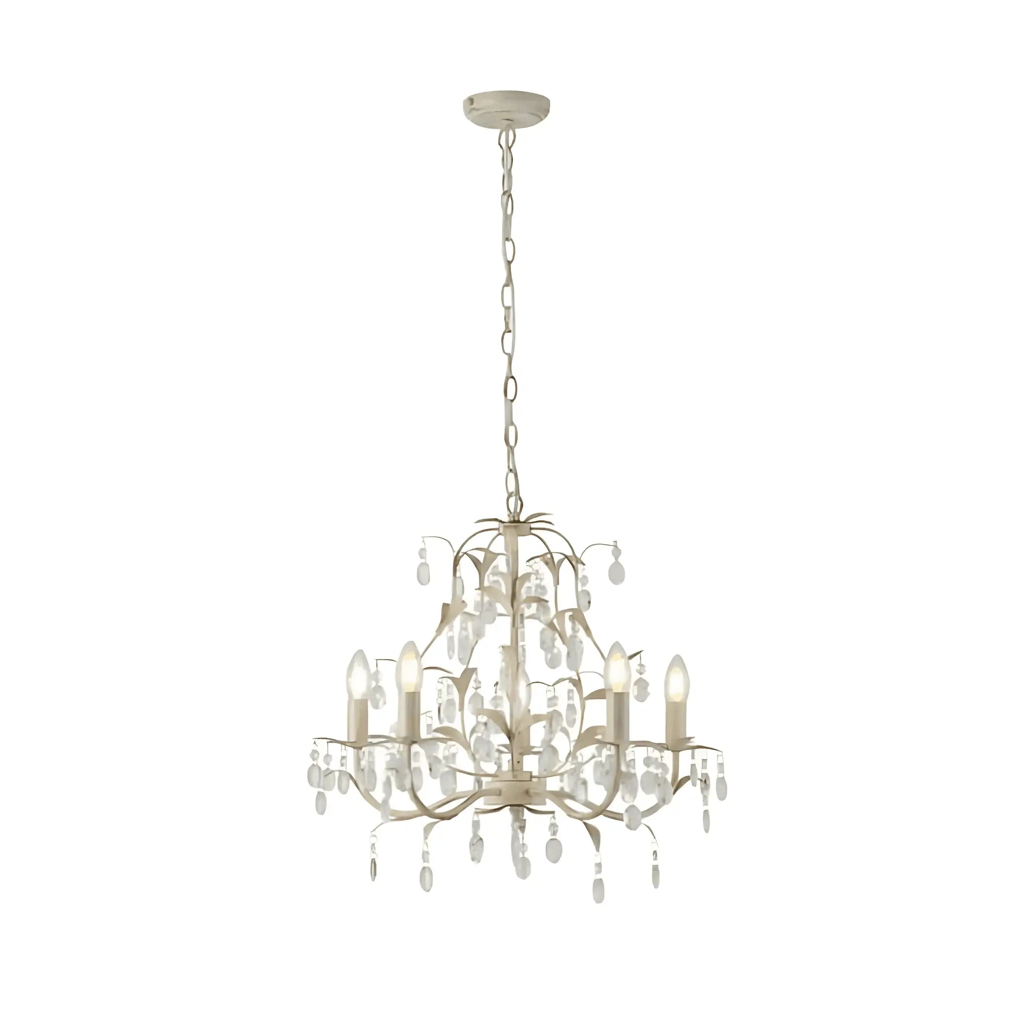Cream-colored stella 5 light crystal pendant light with floral design and crystal accents in ivory and brushed gold chandelier