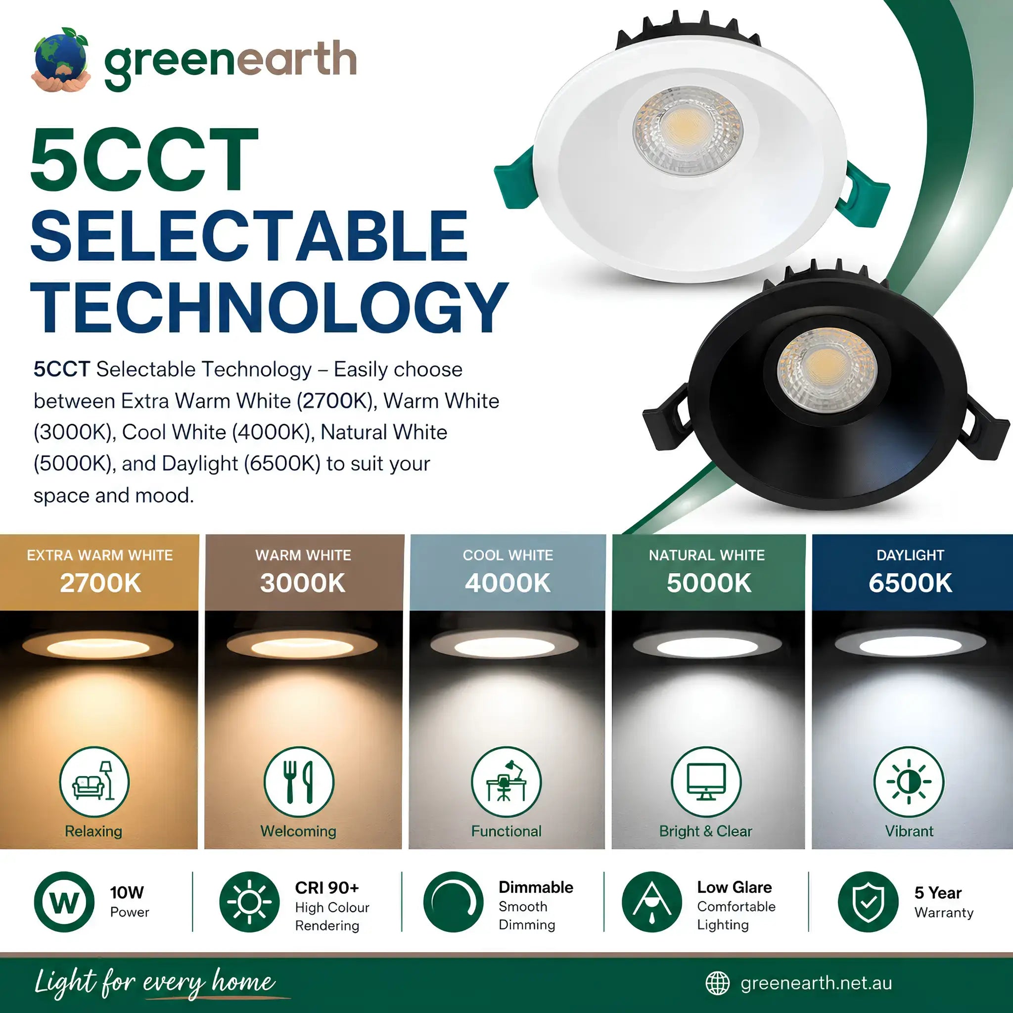 Tasman 5CCT selectable low glare downlight 2700K to 6500K