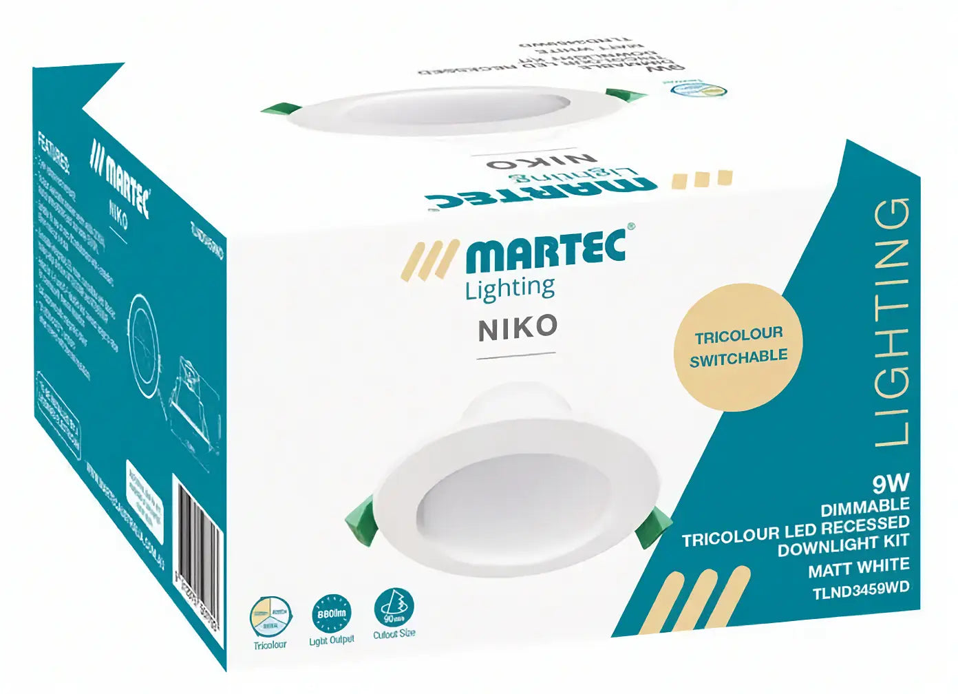 Martec Lighting Niko LED recessed downlight packaging on a white background