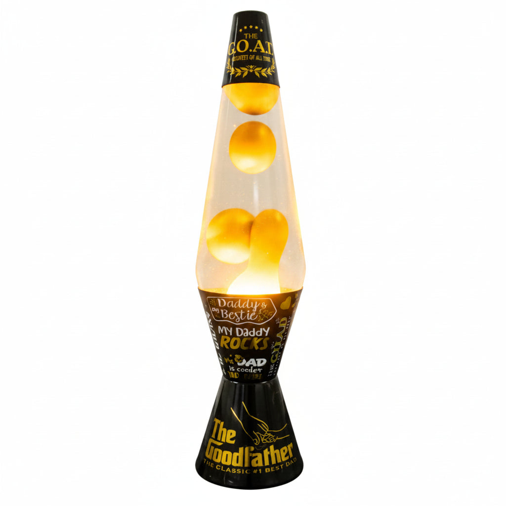 Lava lamp with 'The Godfather' branding on a white background