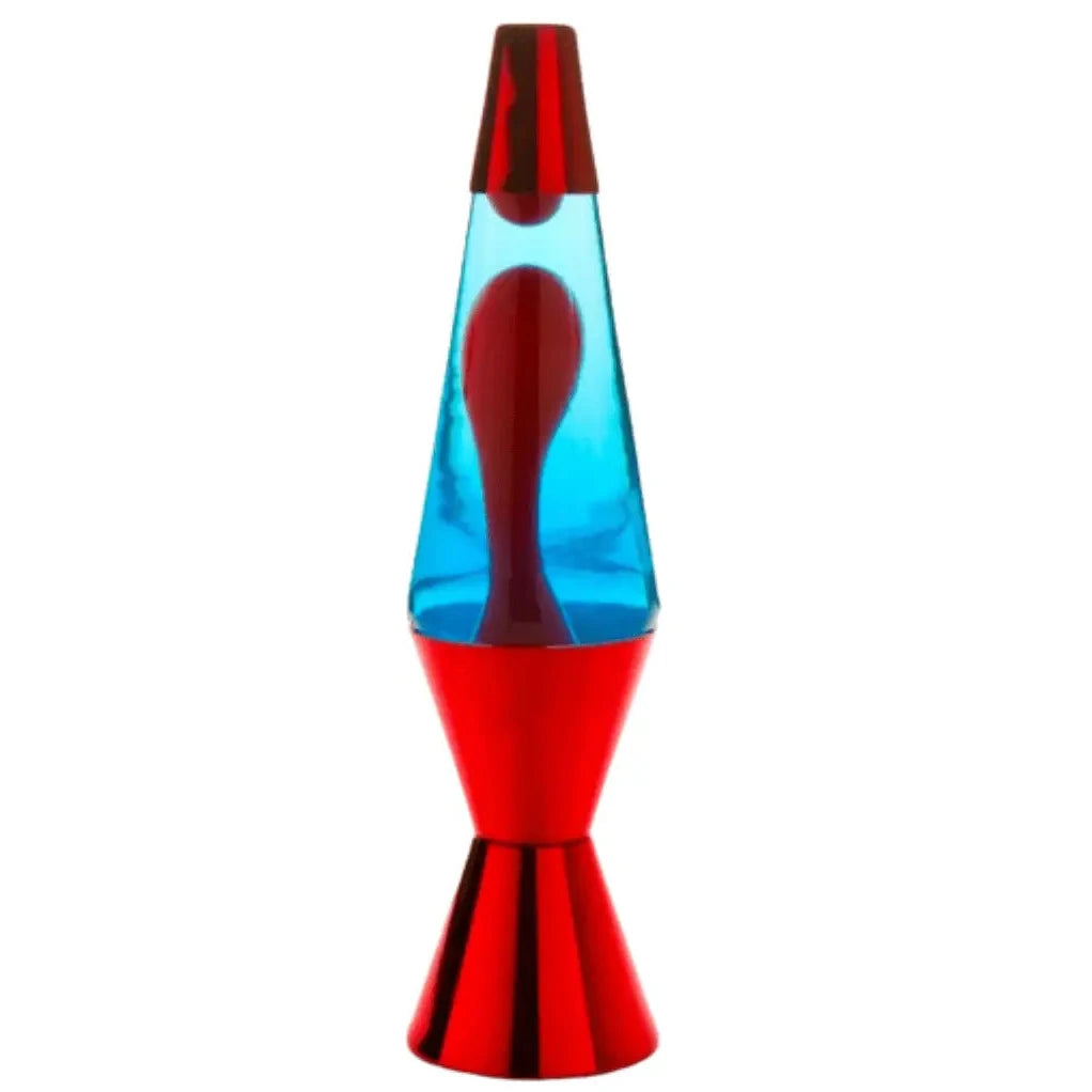 Red red blue metallic diamond motion lava lamp with red base and cap featuring blue liquid and red wax motion