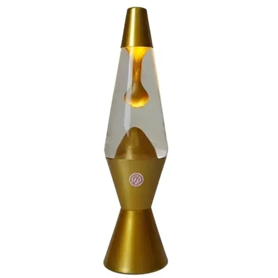 Metallic gold lava lamp with clear liquid and orange wax for home decor