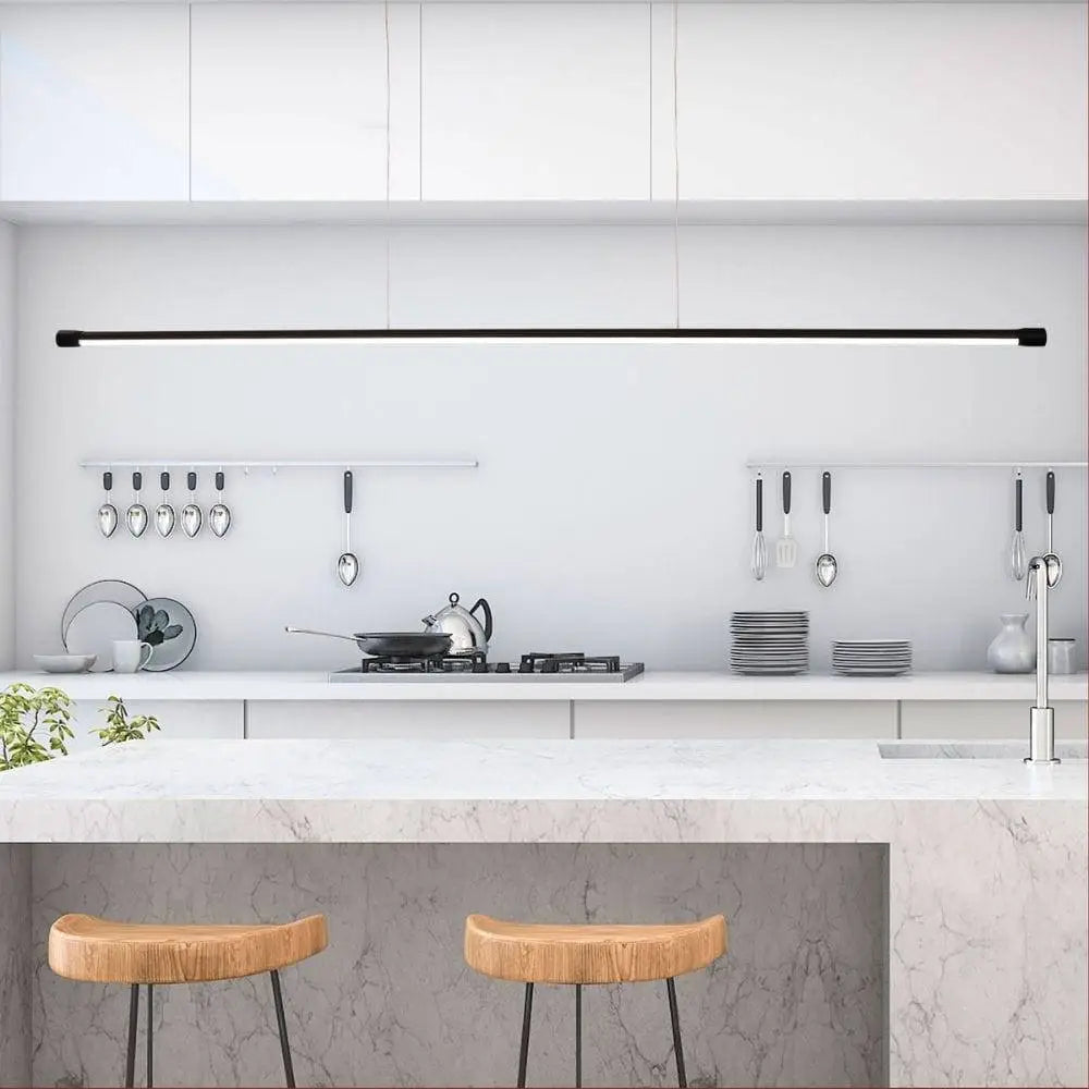 Minimalist black linear LED pendant with tri-colour functionality.