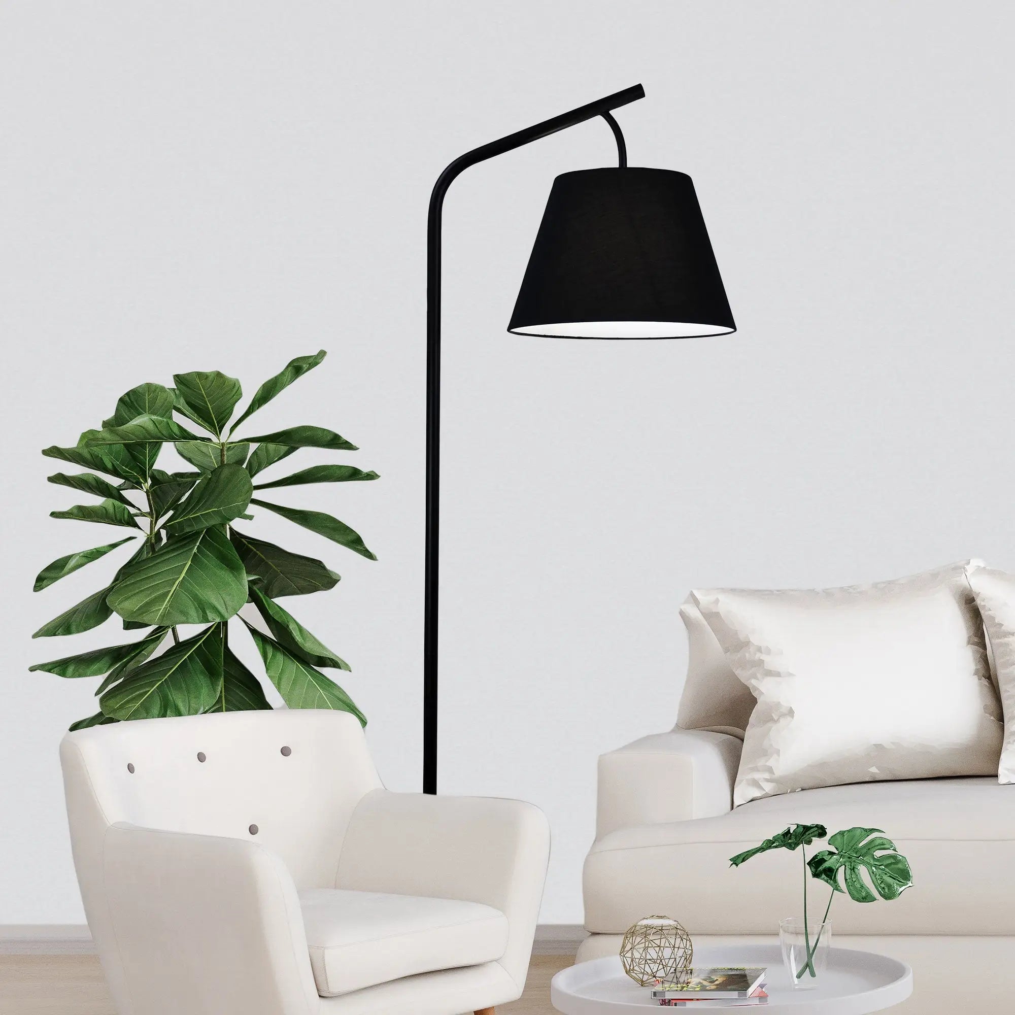 Padstow Black Metal Floor Lamp with Black Cotton Shade