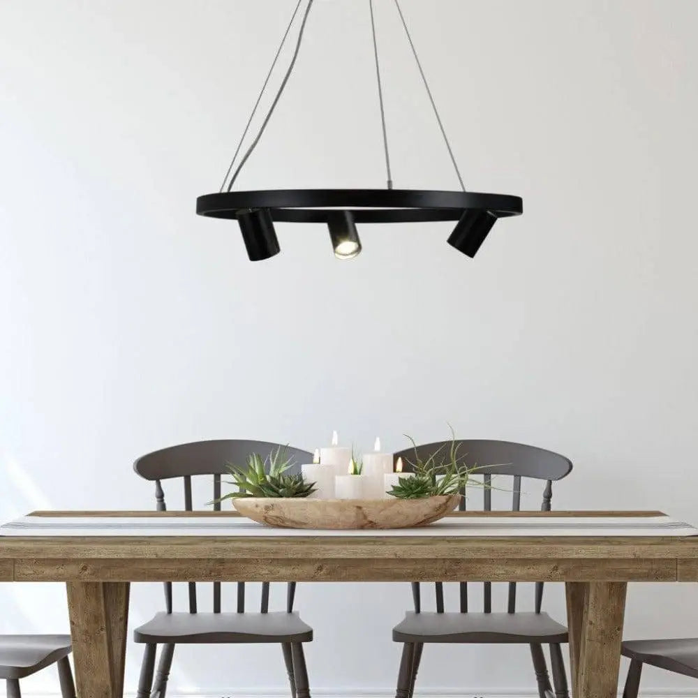 Black circular metal oriel pano 3 light pendant with three exposed bulbs and modern adjustable design