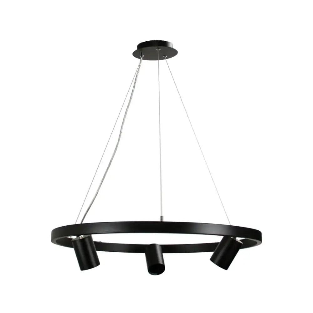 Black circular oriel pano 3 light pendant with three adjustable arms and white cords for versatile lighting