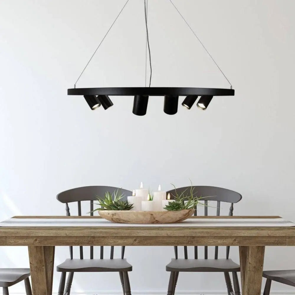 Black circular pendant light with four cylindrical lights modern design in oriel pano 6 light adjustable spot pendant