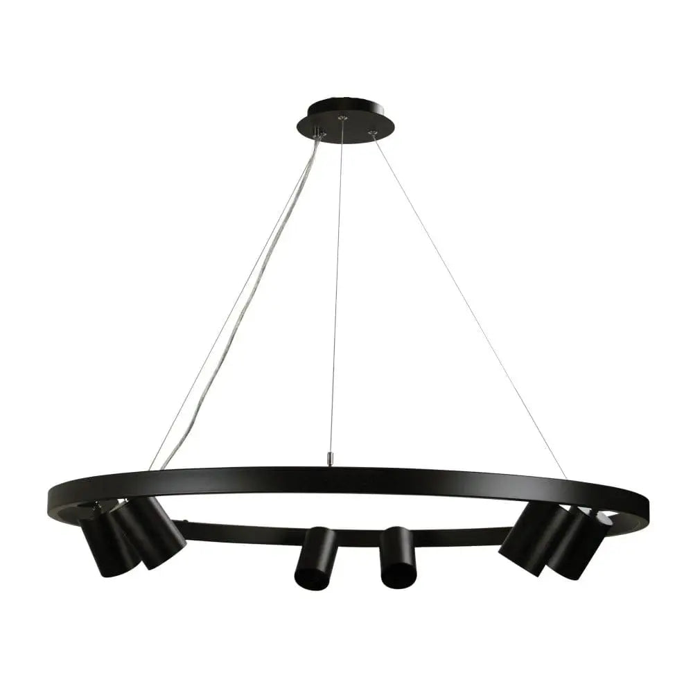 Black circular oriel pano 6-light pendant with multiple cylindrical shades and adjustable hanging cords for australia homes