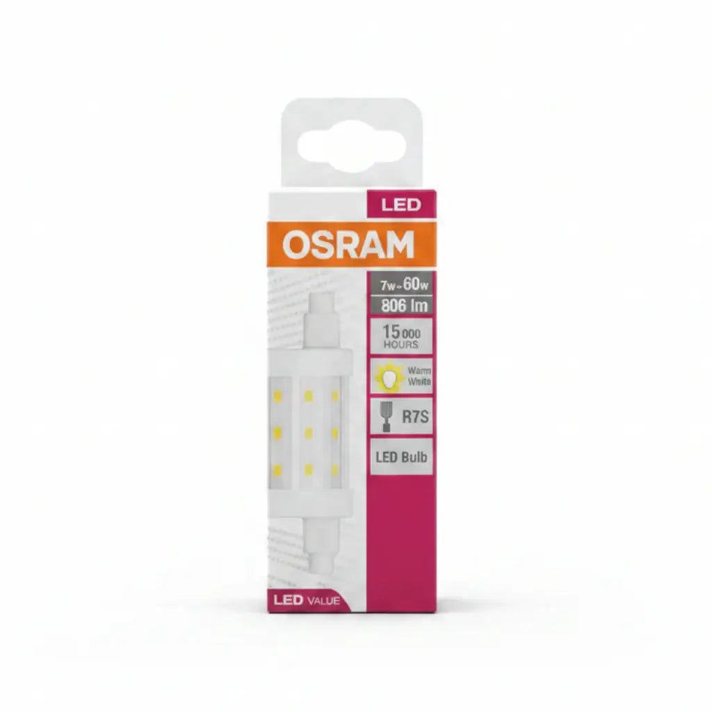 OSRAM R7S 78MM LED bulb packaging on a tiled floor