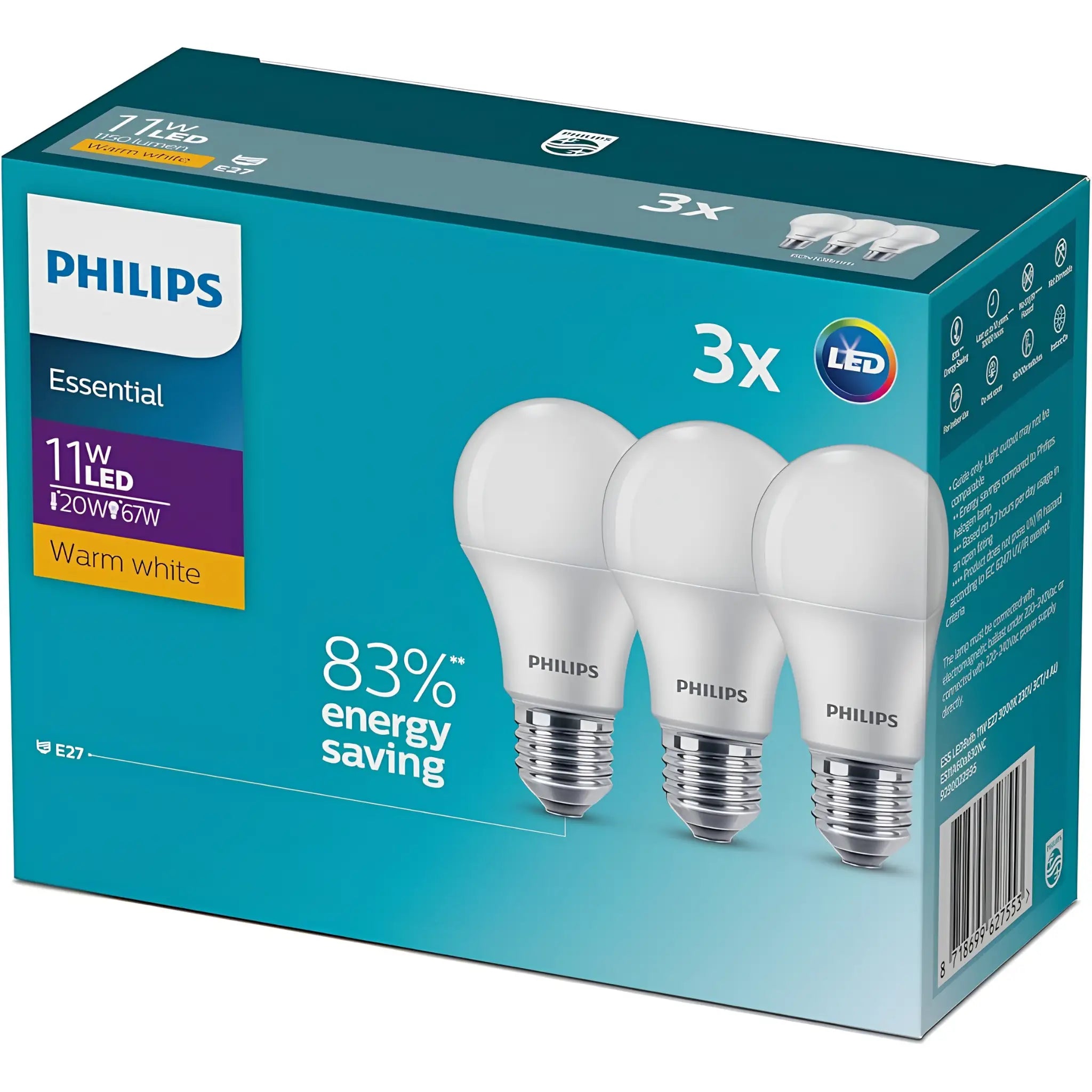 Philips A60 E27 11W LED 1150Lm Warm White GLS Globe - 3 Pack