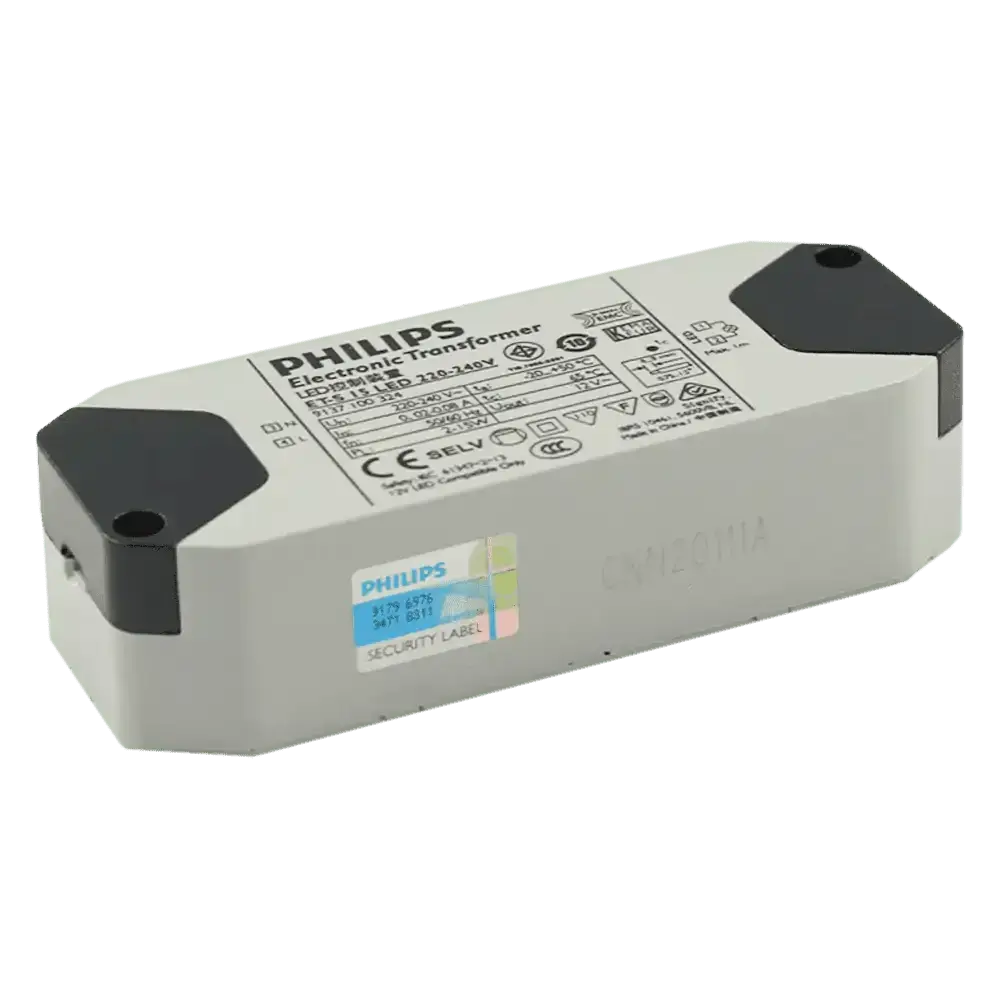 White philips et-s 15 electronic transformer with black accents and safety labels for 12v mr16 led lighting