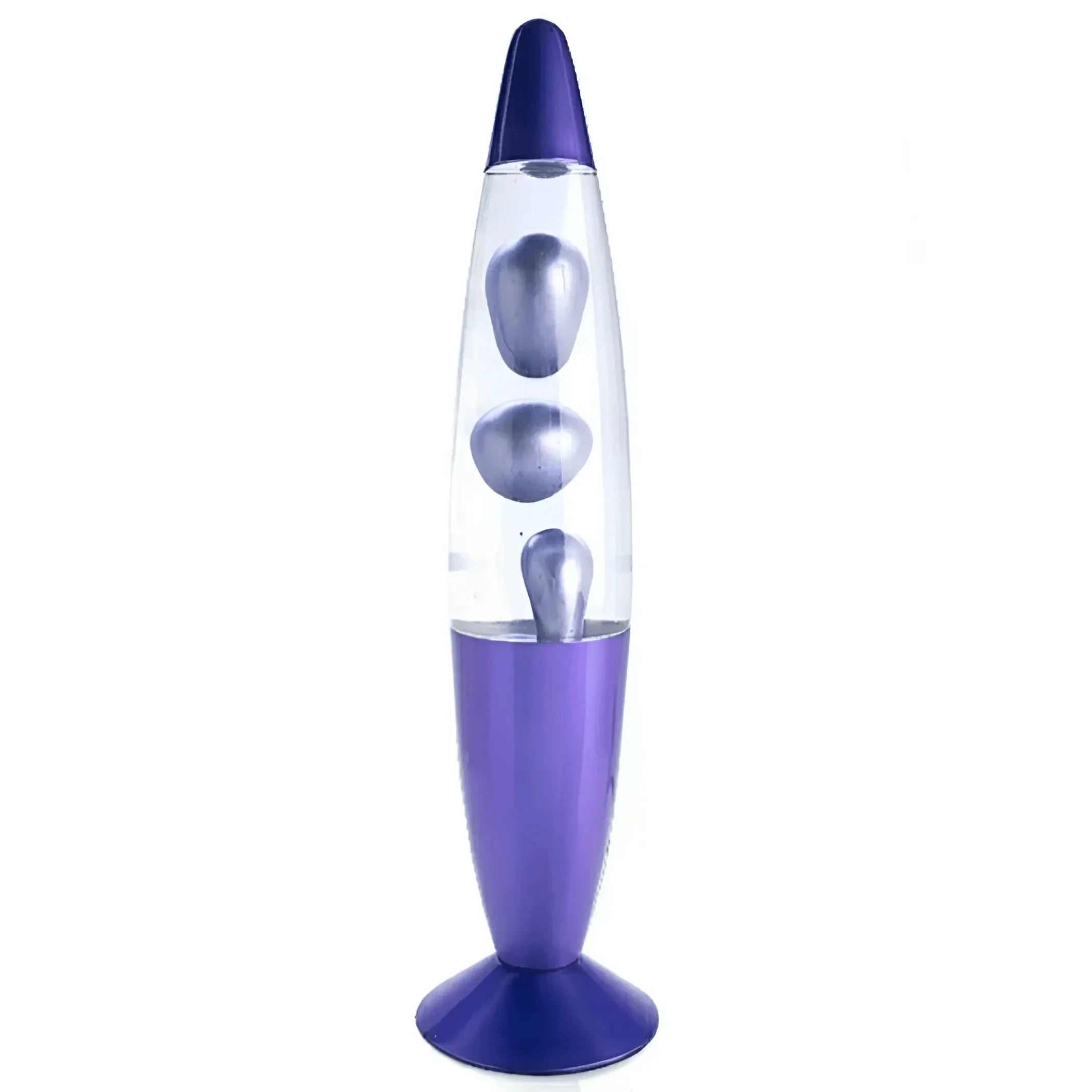 Purple metallic magma motion lamp by lava lamp inc featuring clear liquid and metallic spheres in a decorative design