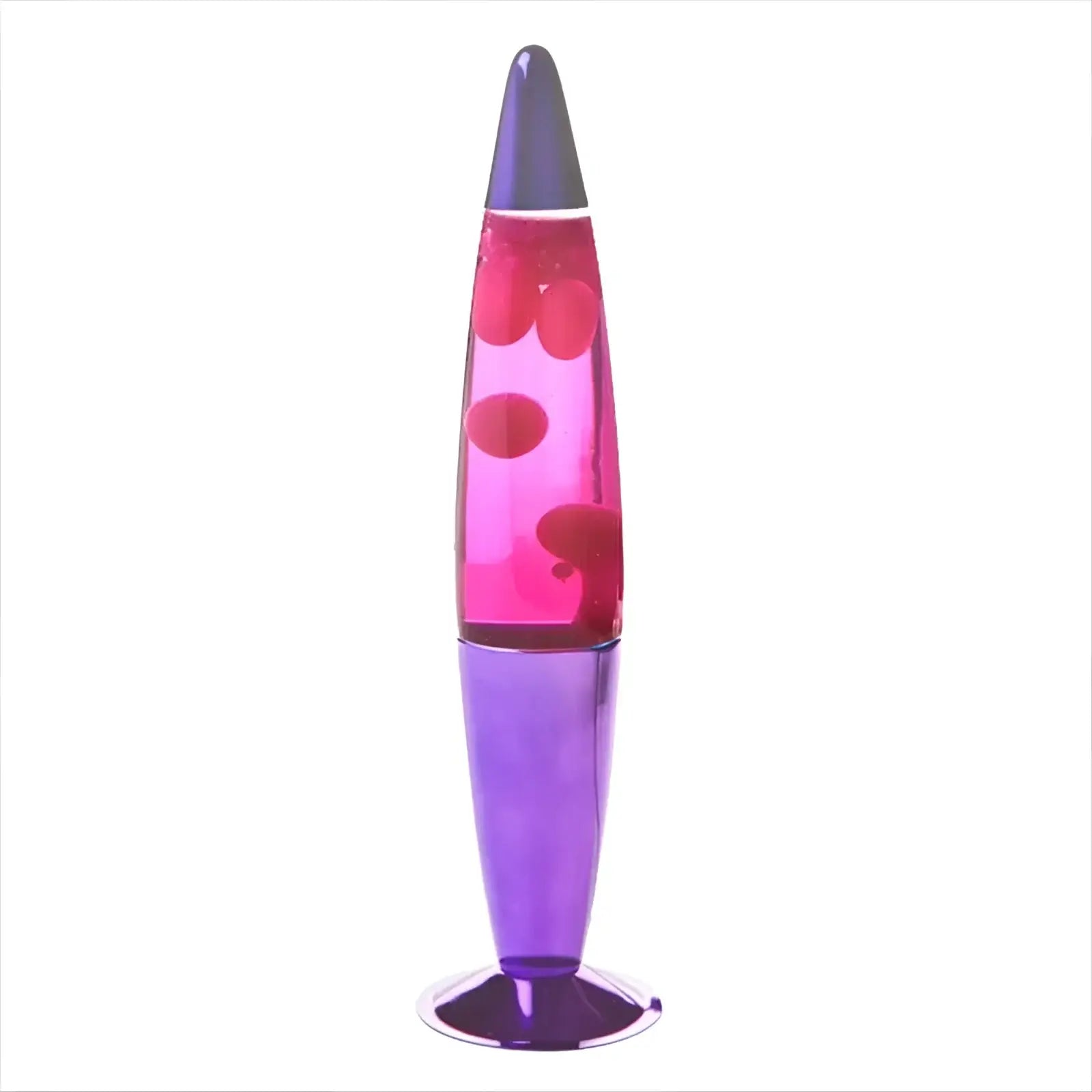A purple pink metallic peace motion lava lamp with purple liquid and flowing red wax in a purple metallic base