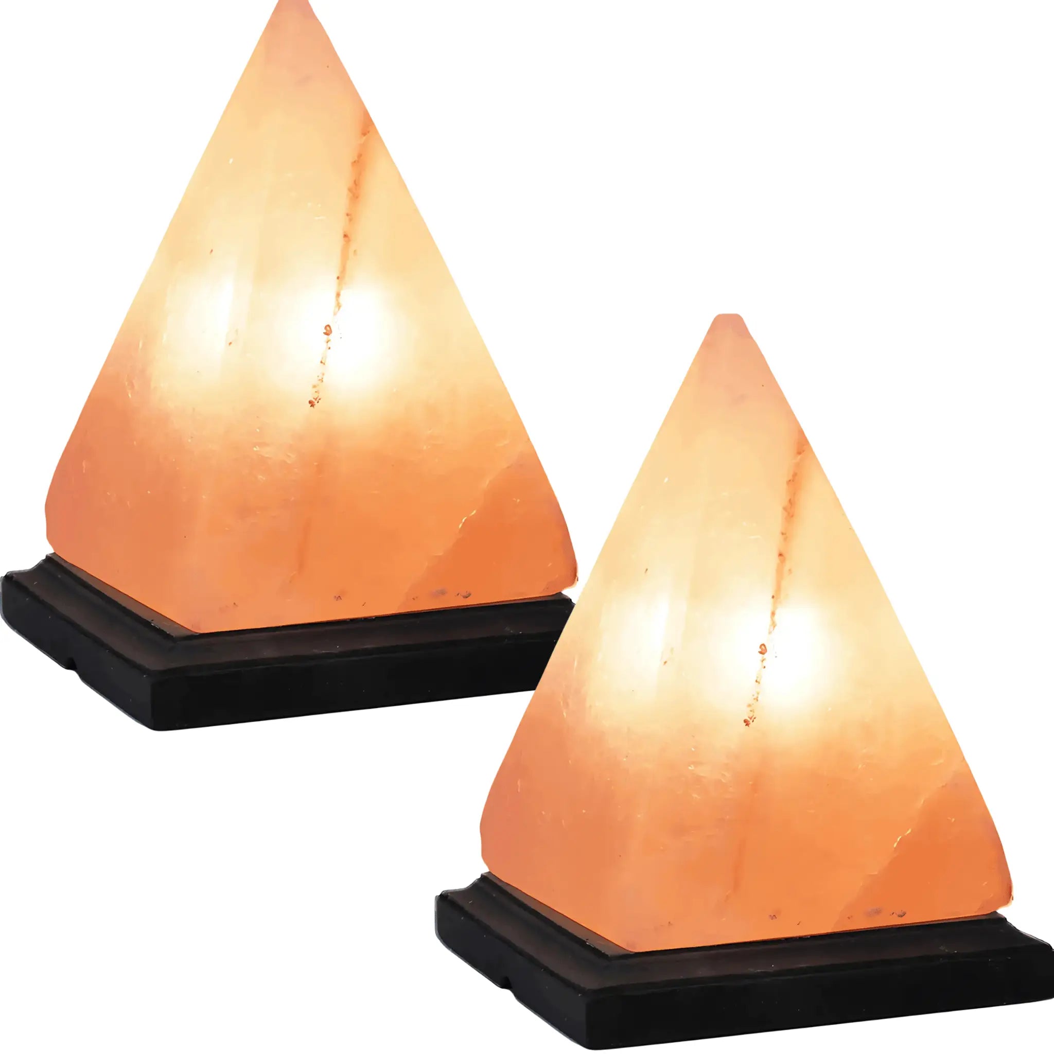 Two pyramid-shaped lamps with a warm glow on a white background