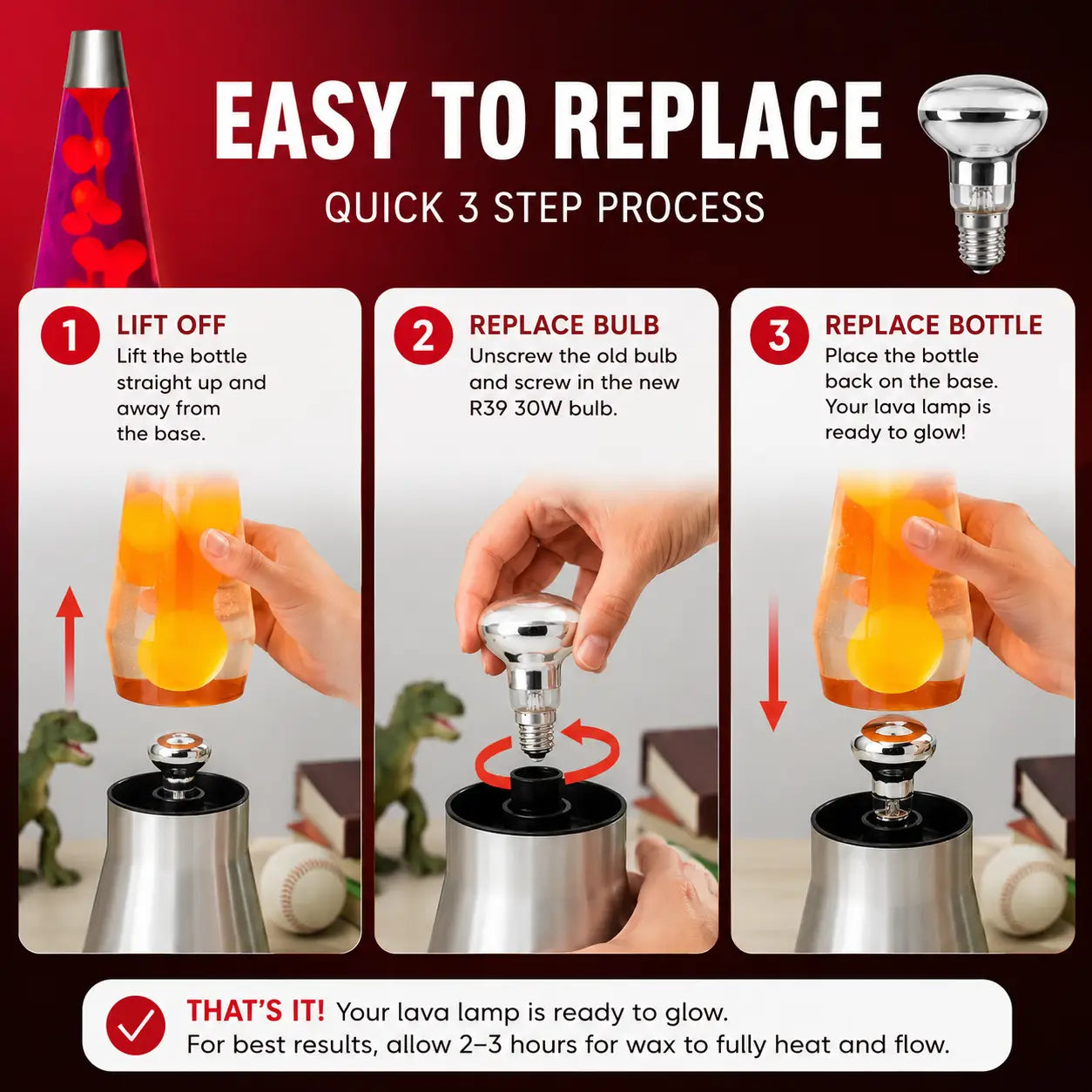 How to replace an R39 30W E14 lava lamp bulb – lift bottle, change bulb and replace bottle