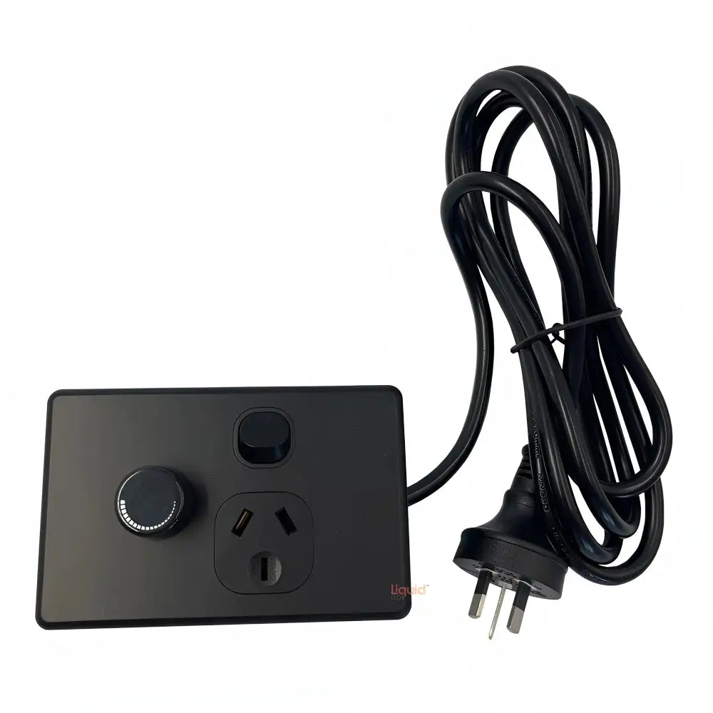 Black rotary plug-in dimmer with on/off switch and knob