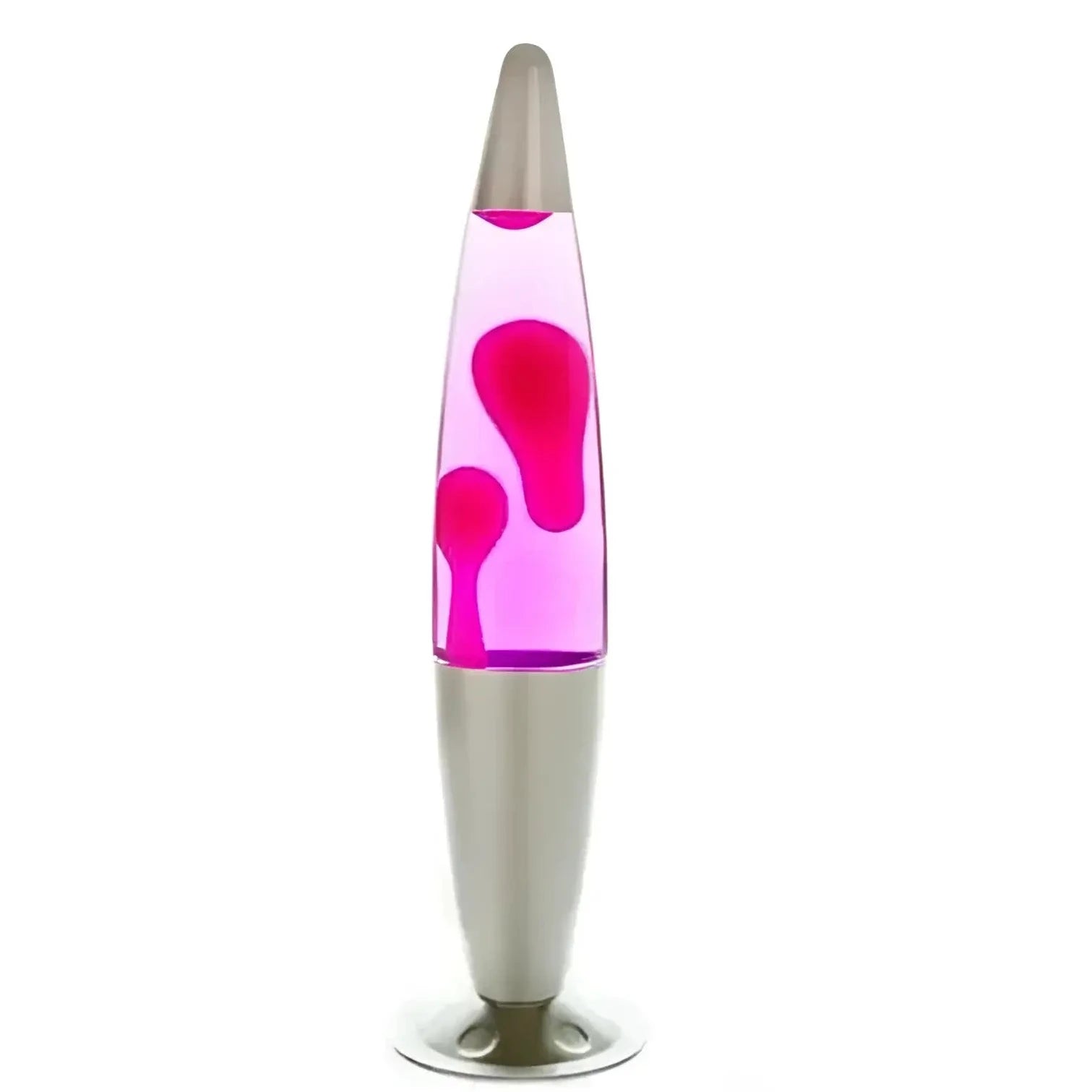 A silver pink peace motion lava lamp with pink liquid and red lava blobs featuring silver base and top