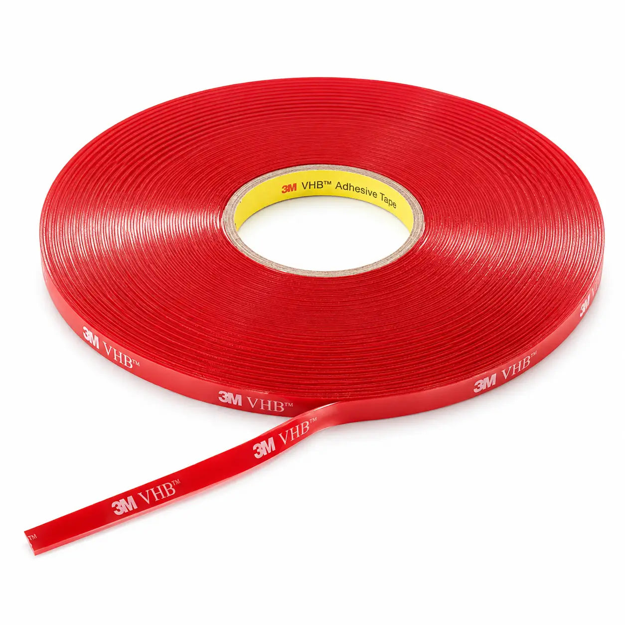 A roll of red 3M VHB adhesive tape with a strip unspooled in front, set against a clean white background.