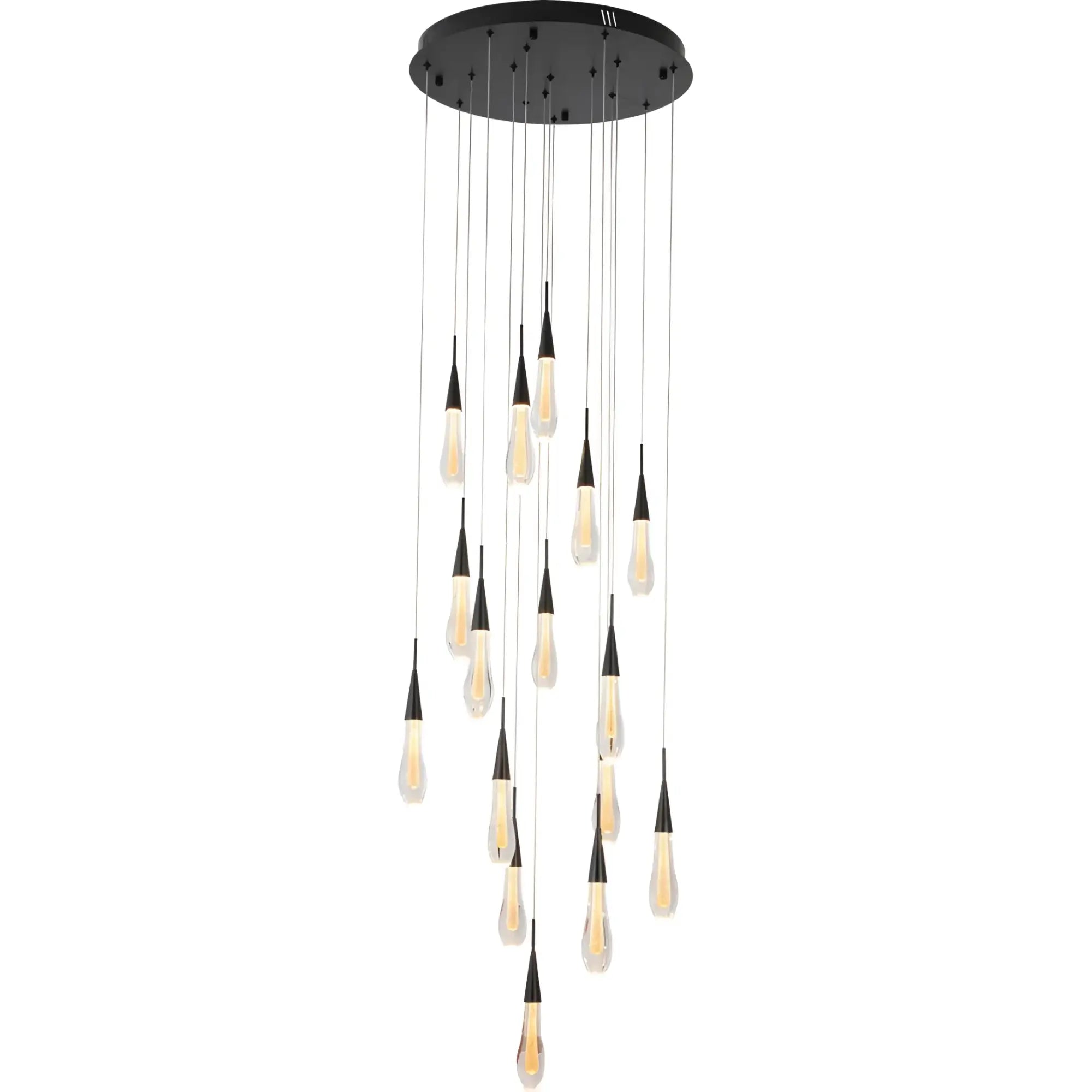 Virelle 16-light drop crystal chandelier in black with multiple hanging bulbs, a statement chandelier for modern interiors