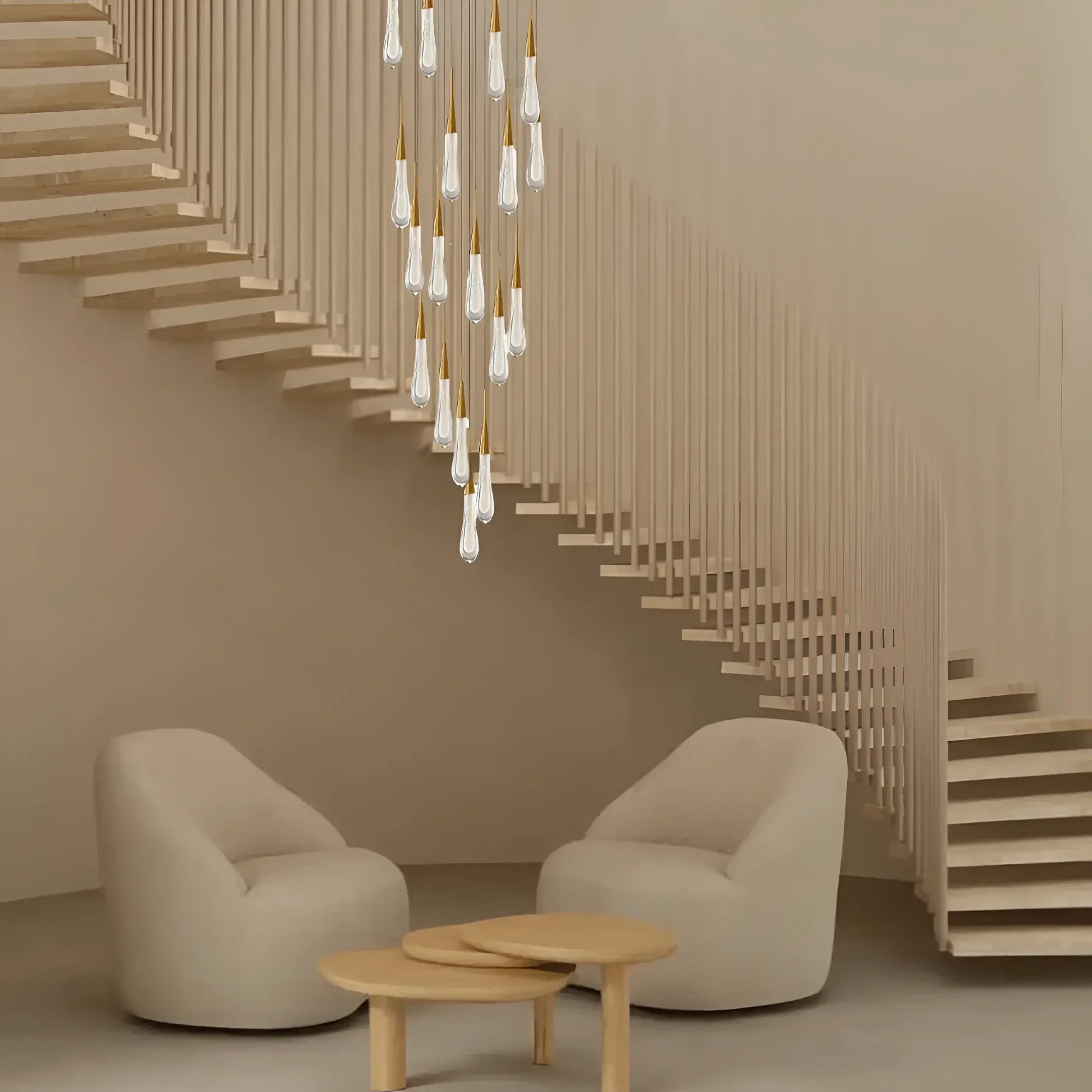 Modern wooden staircase with white tassels complementing virelle 16-light drop crystal chandelier brass finish with cascading crystal droplets design