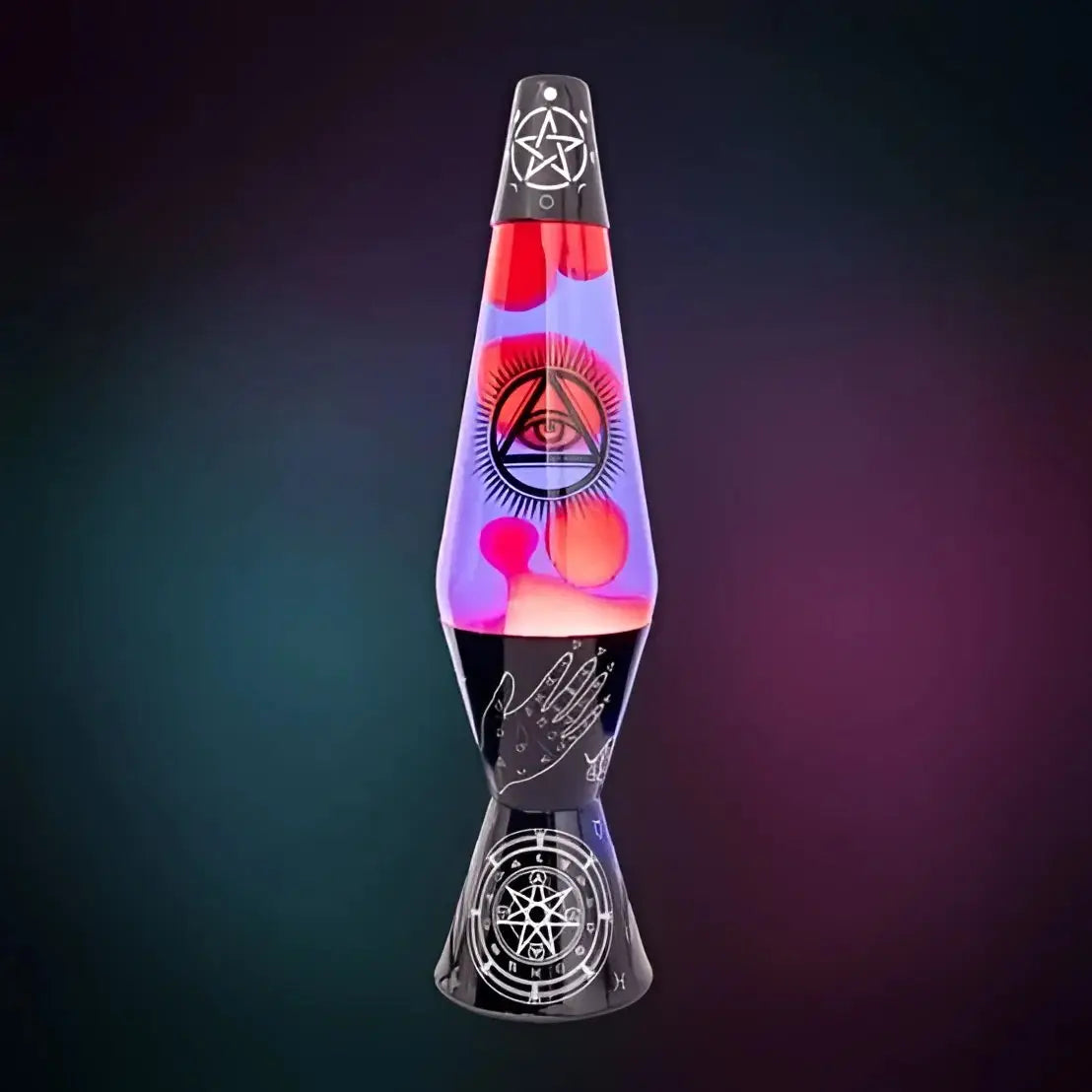 Wicca diamond motion lava lamp with pentagram and all-seeing eye design red wax in clear glass body