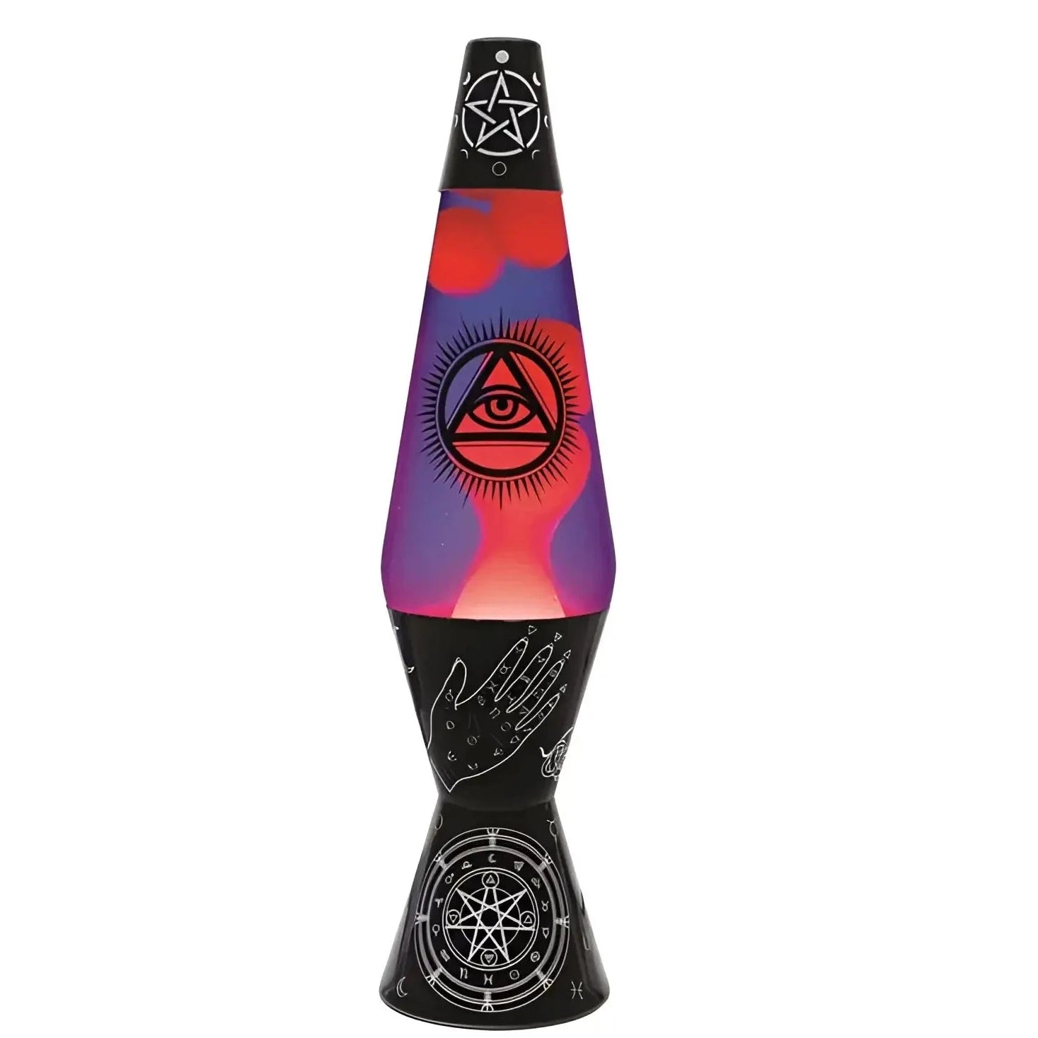 Wicca diamond motion lava lamp with black base and red purple gradient liquid featuring mystical symbols