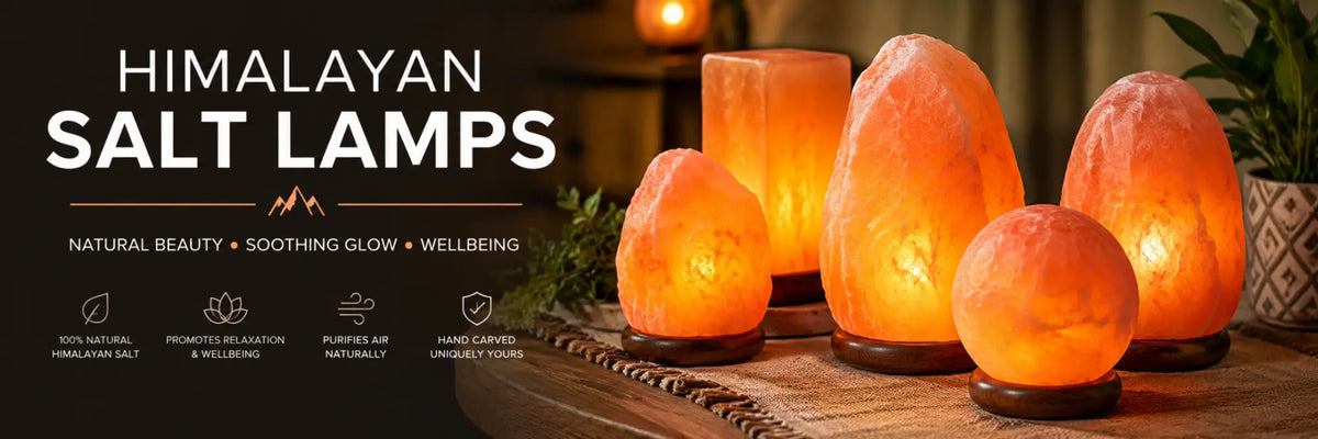 **Recommended SEO alt text:**  > Himalayan salt lamps glowing with a warm amber light, featuring natural hand-carved salt crystals in various shapes and sizes.