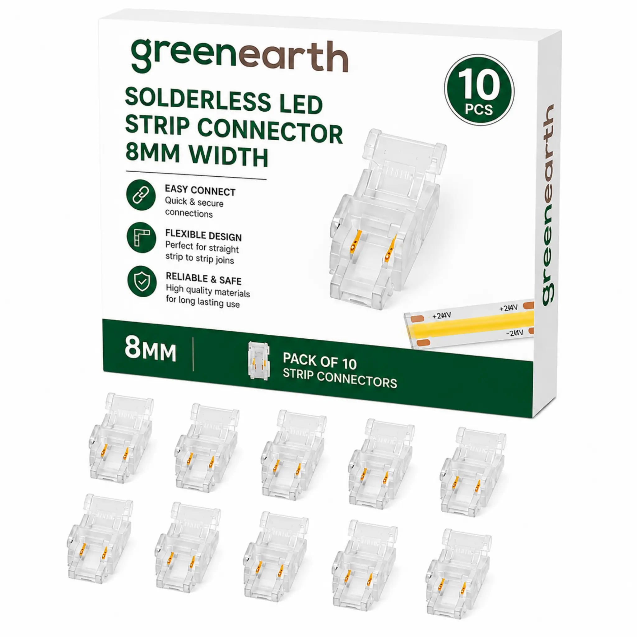 10 Pack 8mm COB LED Strip Connectors - 2 Pin Solderless Strip-to-Strip Quick Connect