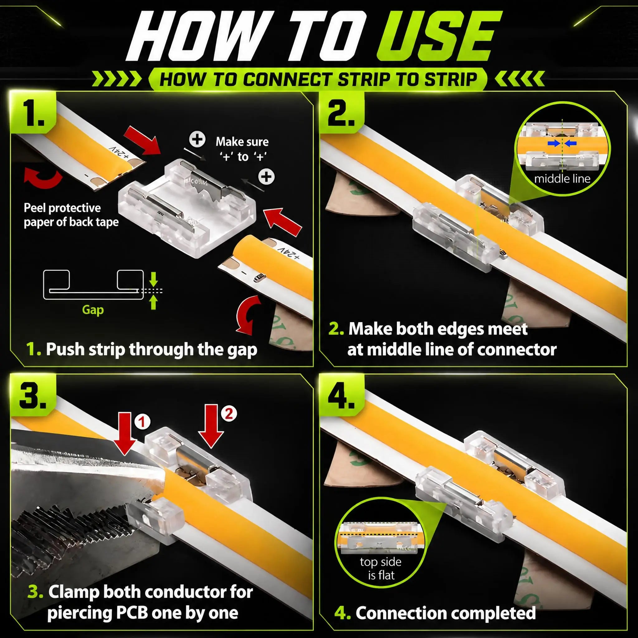 GREEN EARTH 8mm COB LED Strip Connectors - 2 Pin Solderless Strip-to-Strip Quick Connect