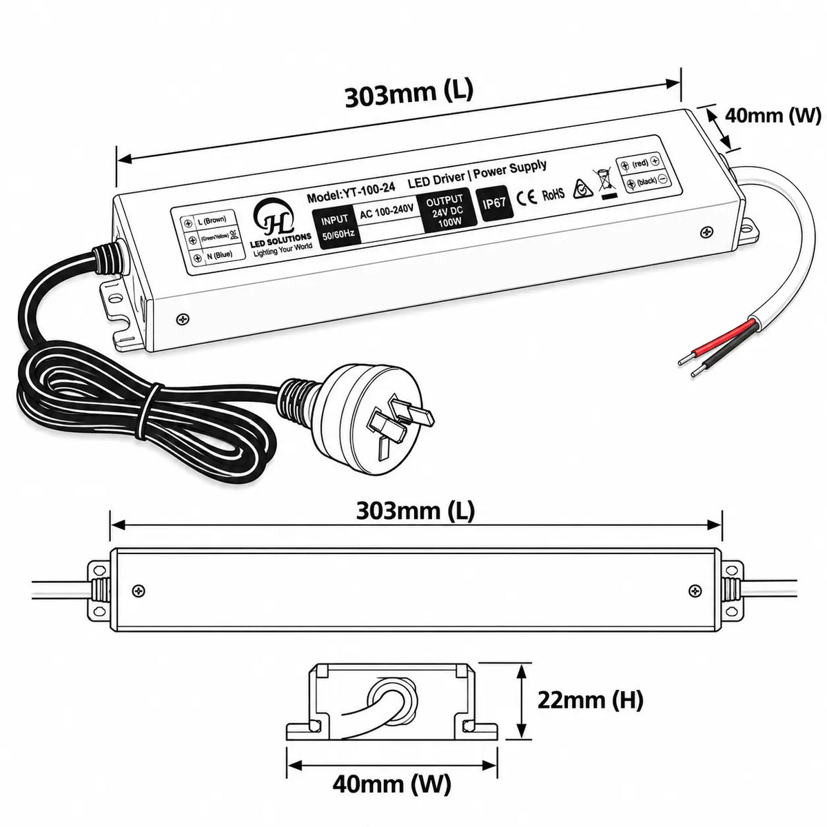 line drawing Constant Voltage LED Outdoor Power Supply – IP67 (Waterproof)