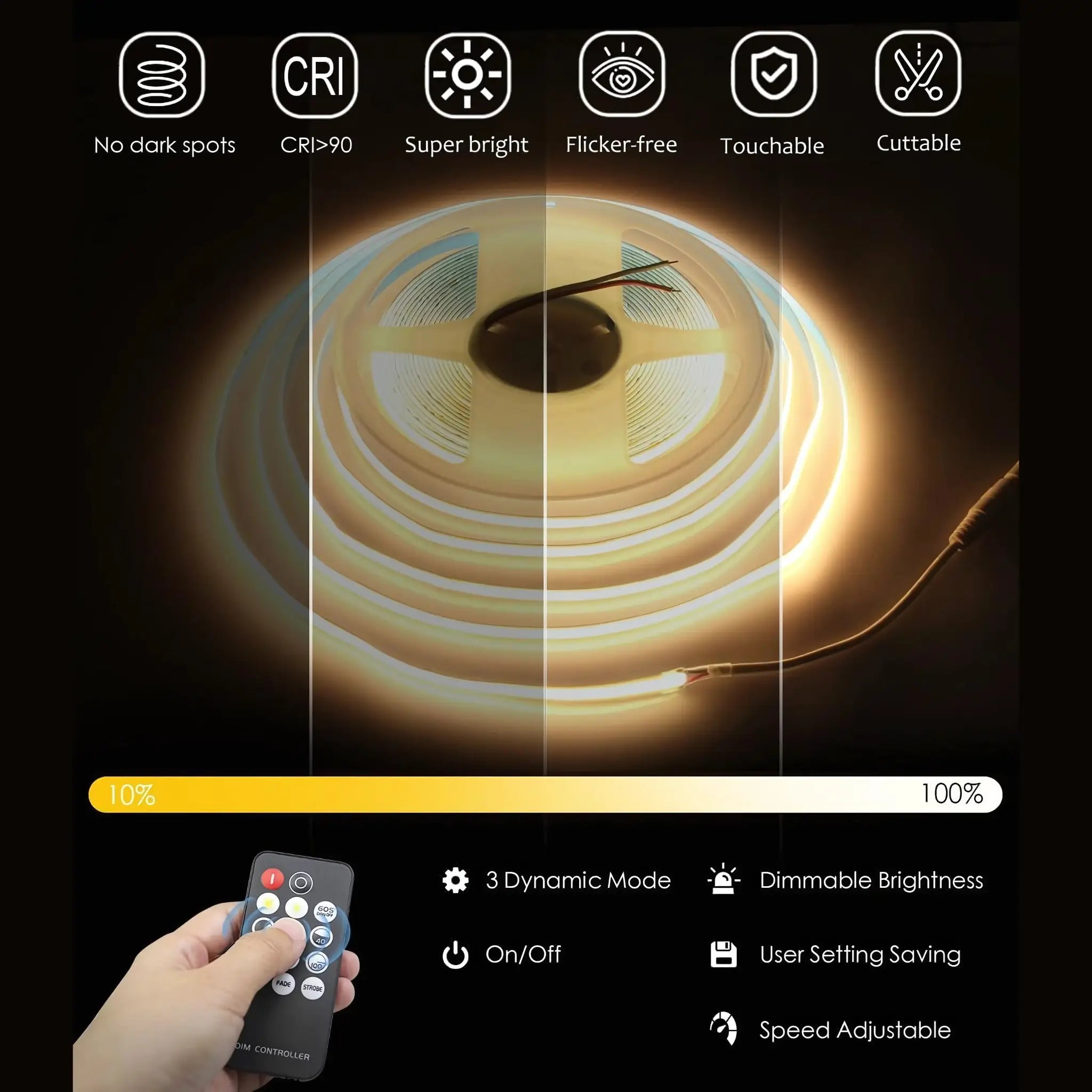Dotless Flexible Cob Led Strip Light Kit 10 Meter Dimmable
