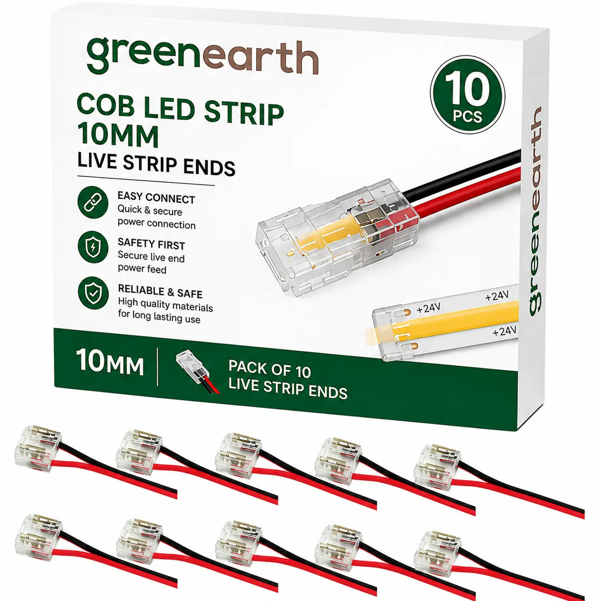10 Pack 10mm COB LED Strip Live End - 2 Pin Solderless PCB-to-Cable Quick Connect