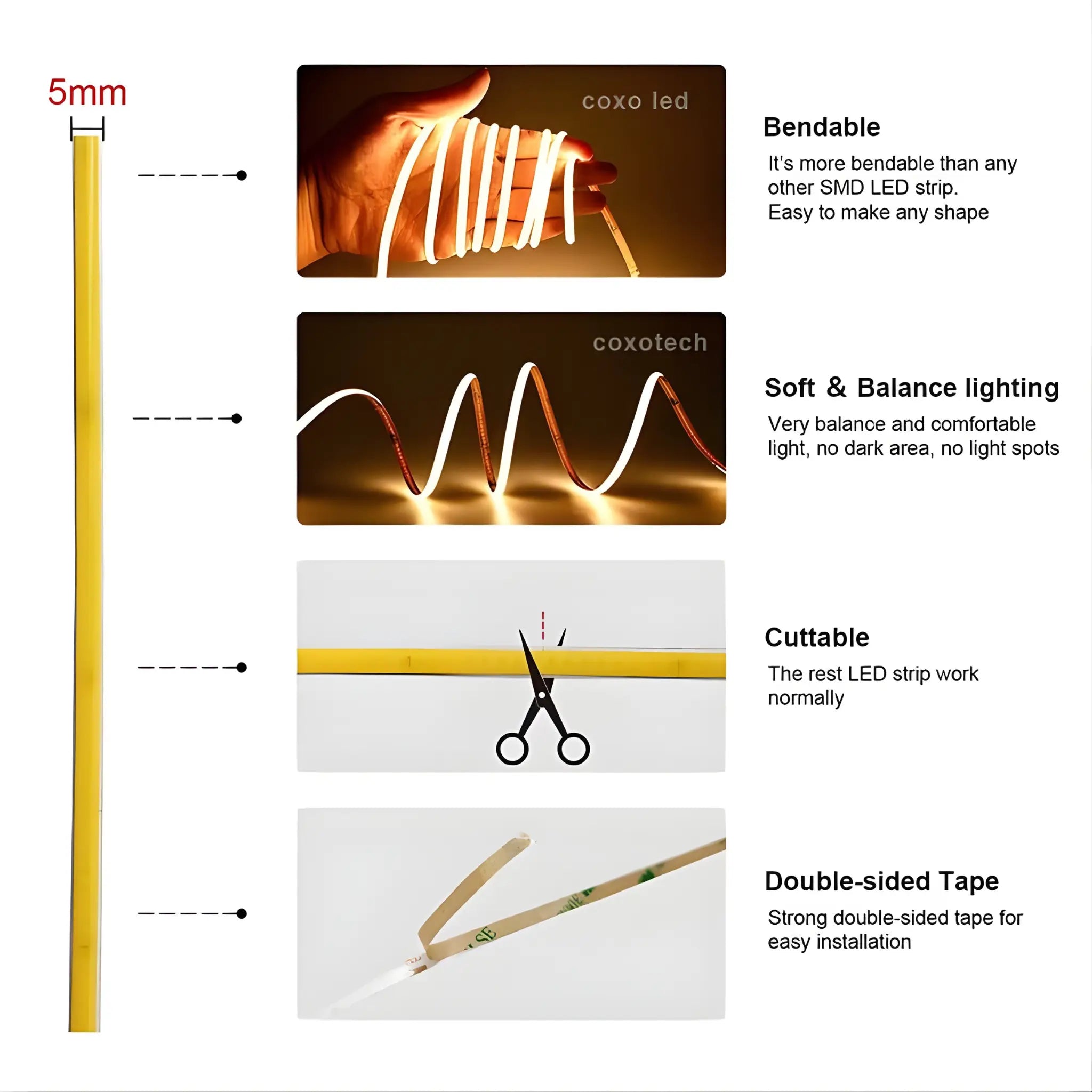 5mm Cob Led Strip Light 3000k Warm White | Dotless
