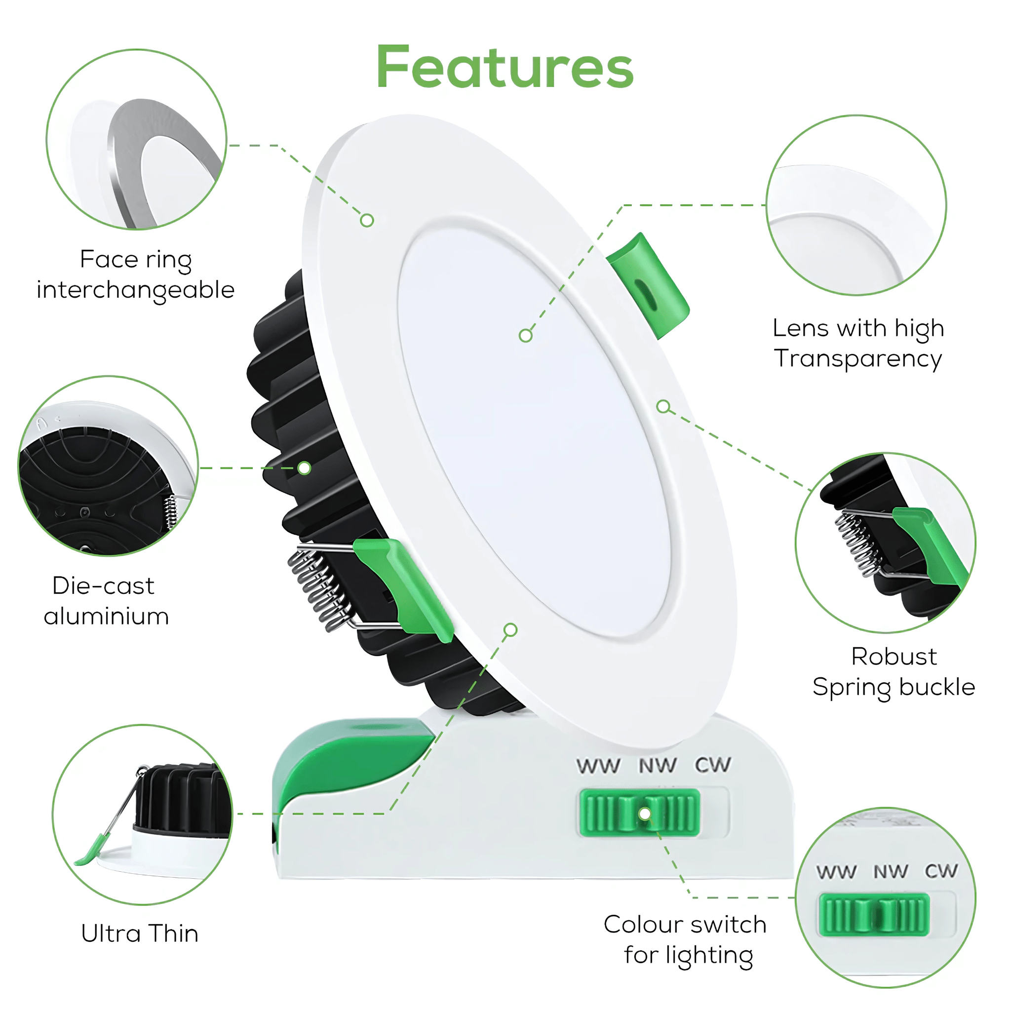 Green Earth Lighting Australia Ceiling Light Fixtures 10W Tri-Colour Dimmable LED Downlight | 70mm Cut Out | Kakadu Mini GE-AL110SWH