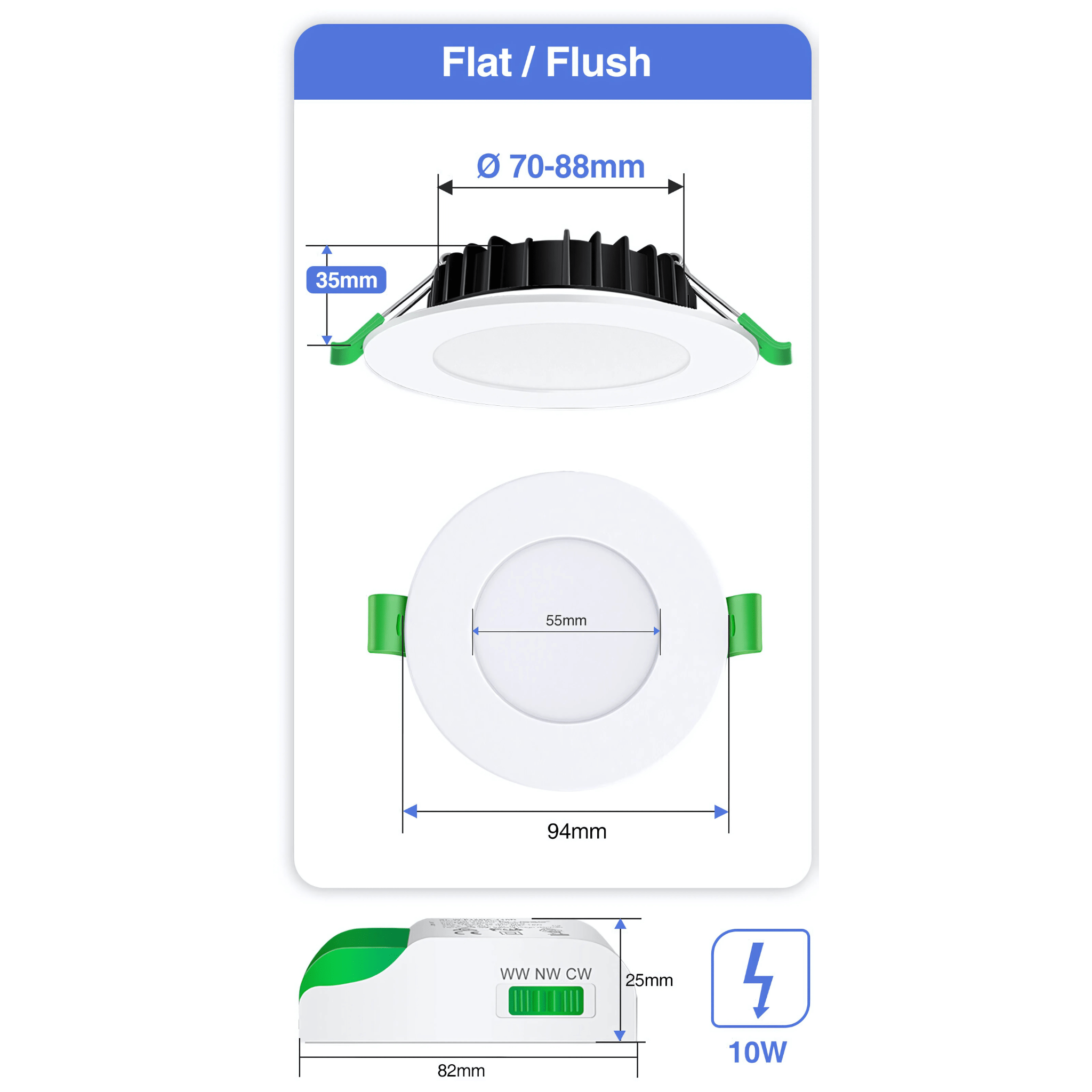 Green Earth Lighting Australia Ceiling Light Fixtures 10W Tri-Colour Dimmable LED Downlight | 70mm Cut Out | Kakadu Mini GE-AL110SWH