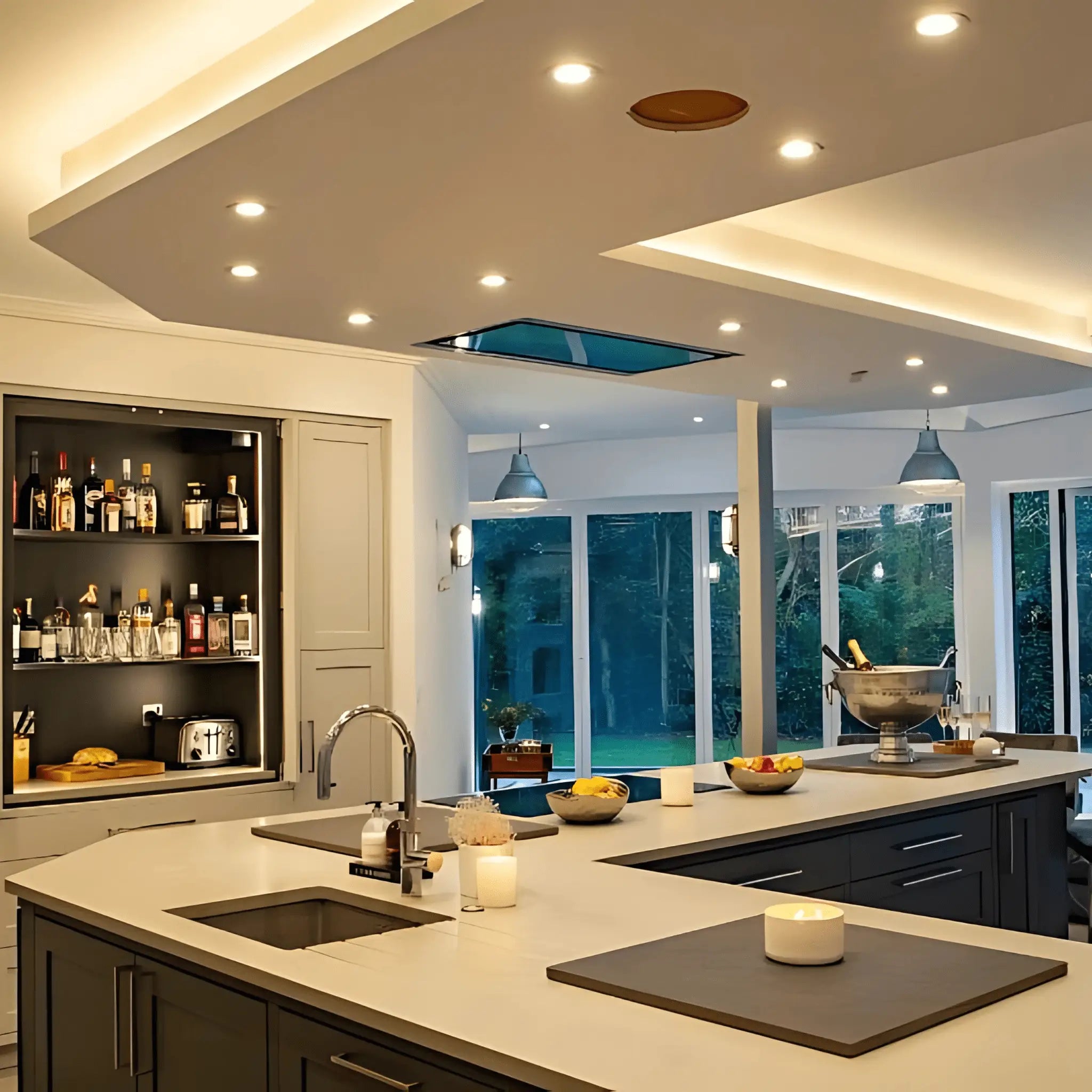 OptiLux 13W tri-colour LED downlight over modern black kitchen island