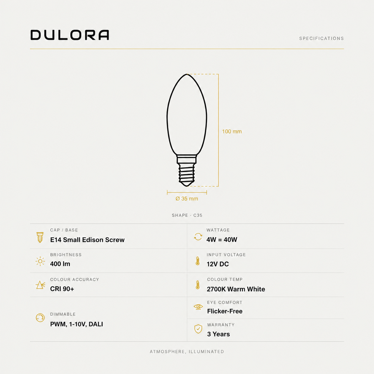 Dulora 4W 12V DC Dimmable E14 Clear Candle LED Bulb 2700K Warm White