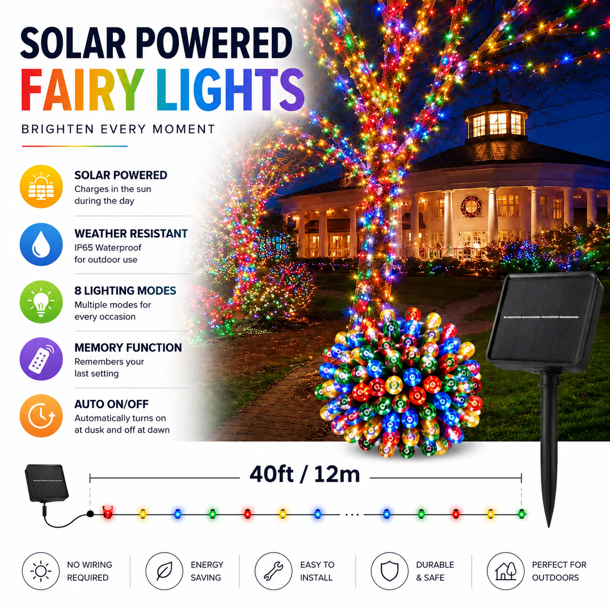 12M Solar Fairy Lights Multicolour – 100 LED Outdoor String Lights