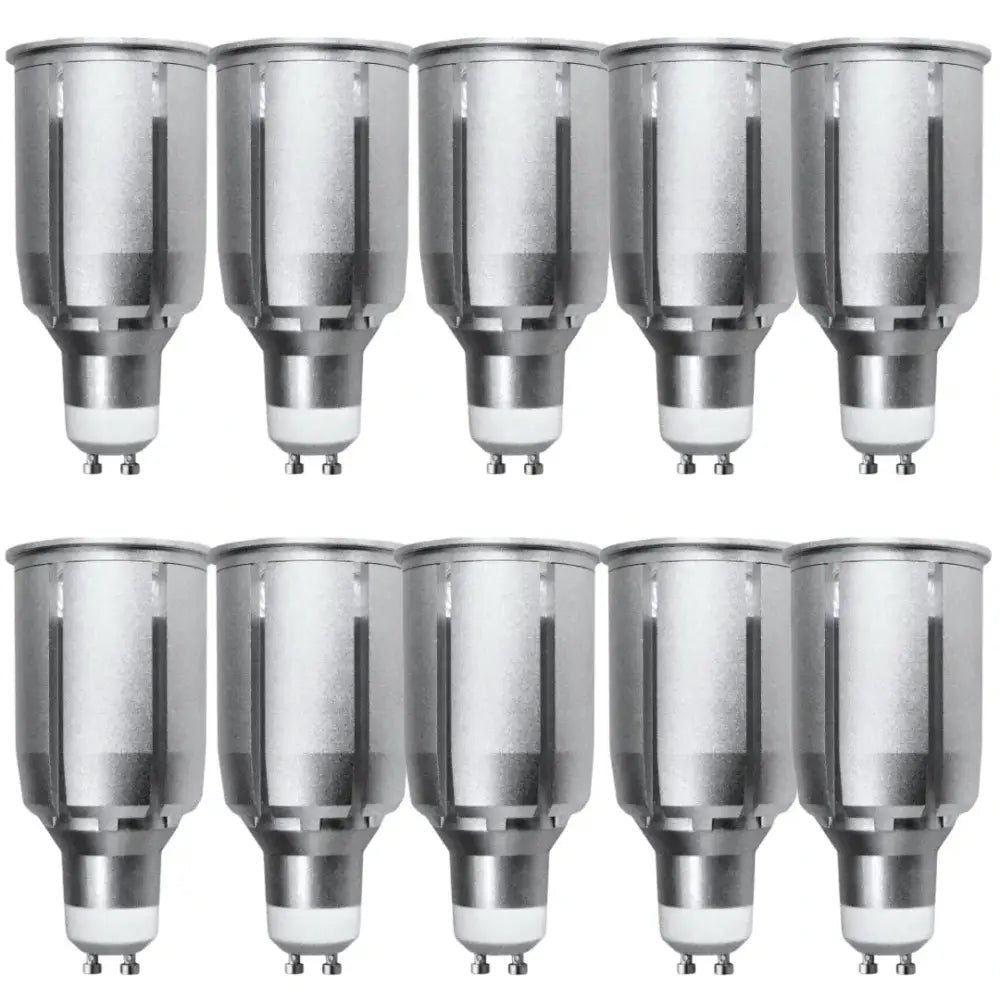 A set of ten silver and white LED GU10 light bulbs